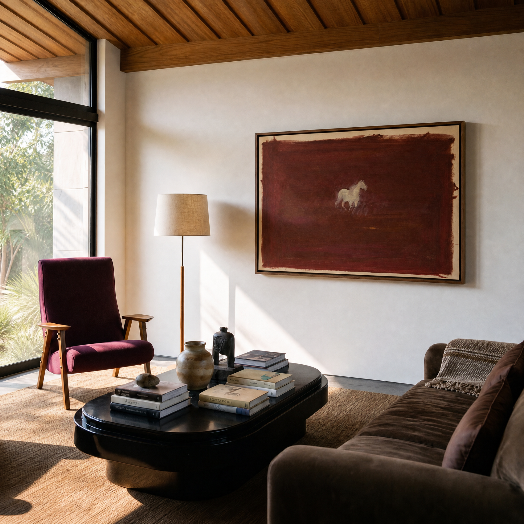Modern living room with brown sofas, a coffee table, and a large abstract painting on the wall. silent run – Contemporary Animal Canvas Art | Luxury Wall Decor | Brume Art