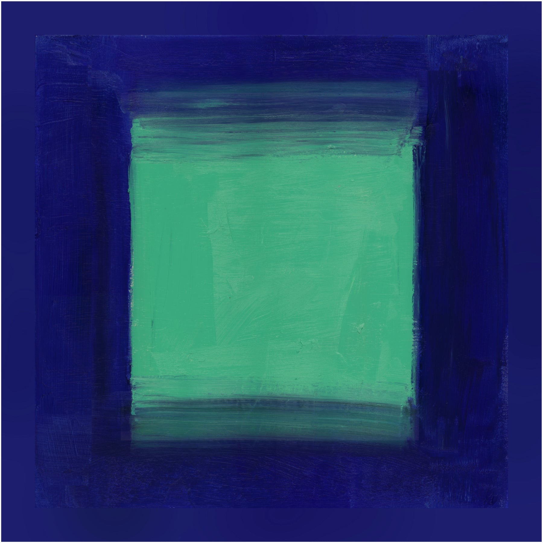 Abstract art with a central green square surrounded by blue strokes. Frame 2 - Bold Abstract Canvas Print | Large Luxury Wall Art | Brume Art