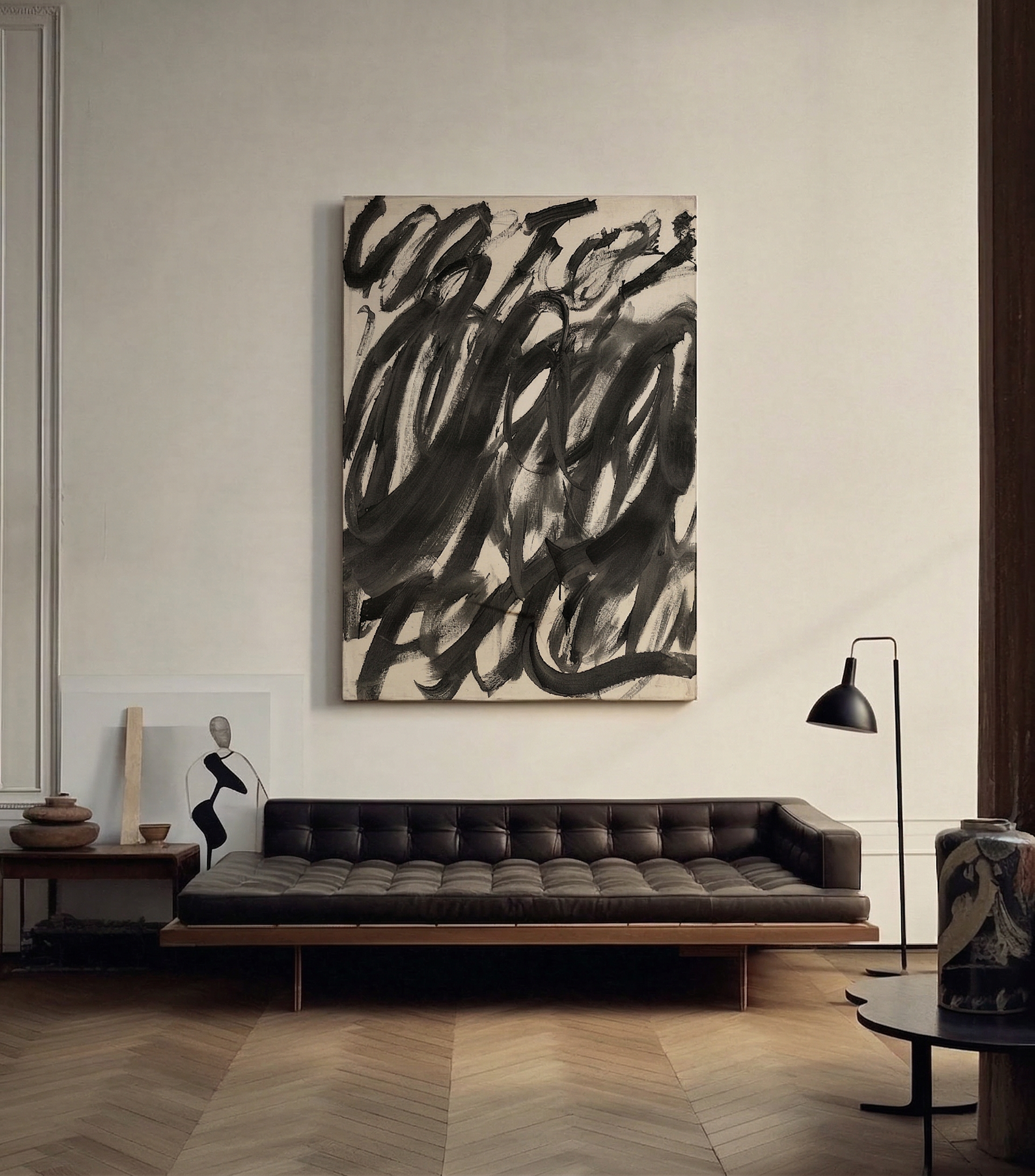 Modern living room with a black leather sofa and abstract painting on the wall. Noise 2 – Textured Abstract Canvas Art | Premium Luxury Wall Decor | Brume Art
