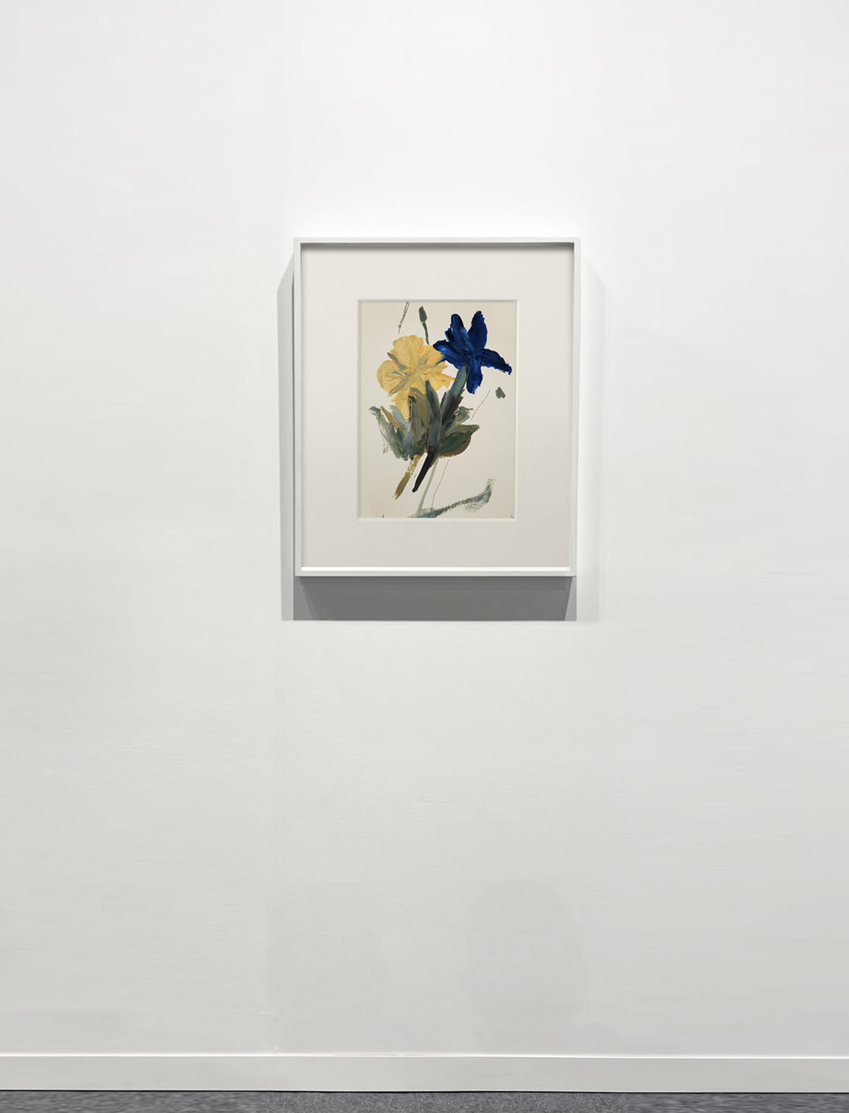 Framed botanical illustration of a blue and yellow flower on a white wall. Blossom 2 – Botanical Canvas Wall Art | Premium Luxury Print | Brume Art