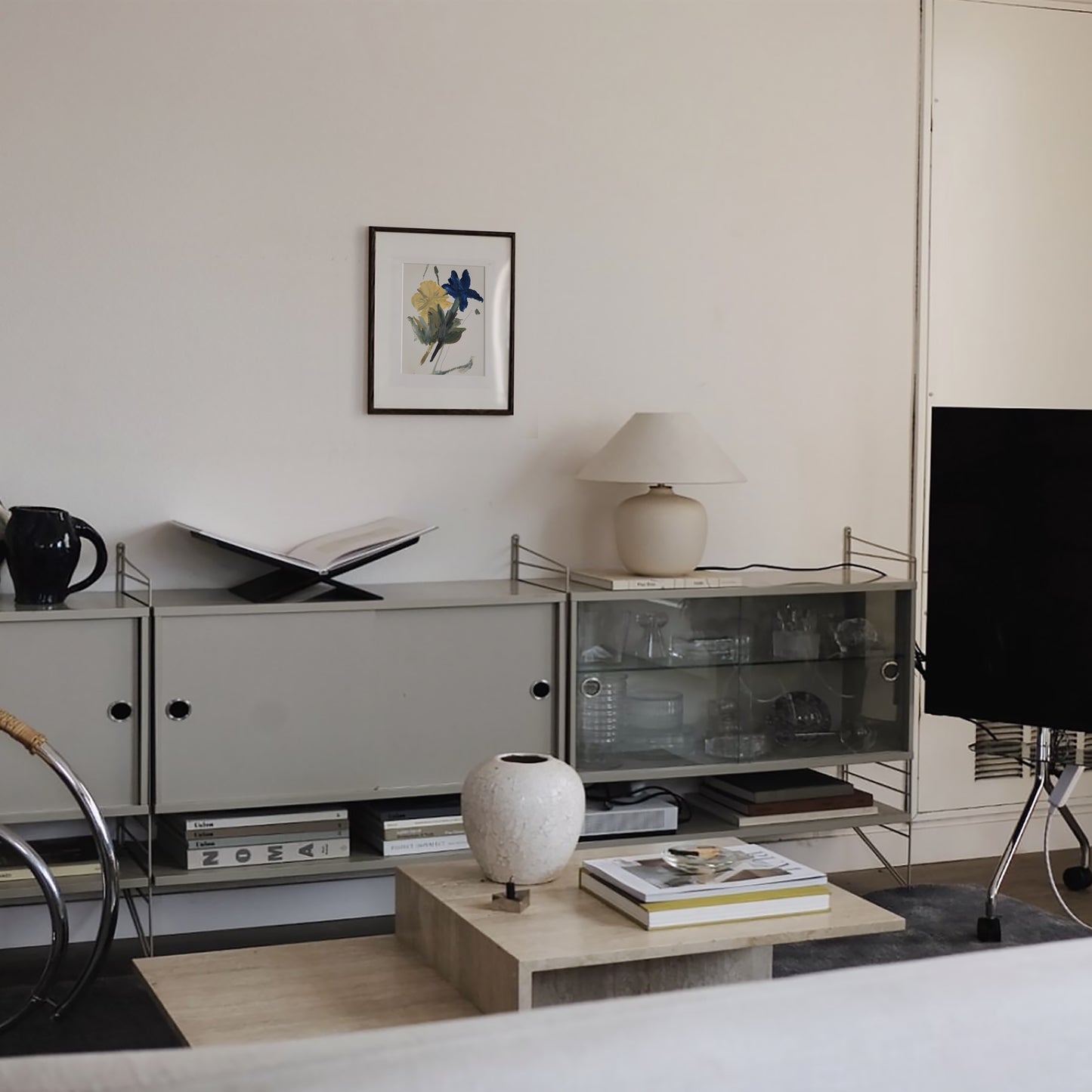 Modern living room with a television, sideboard, and decor items. Blossom 2 – Botanical Canvas Wall Art | Premium Luxury Print | Brume Art