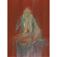 Abstract painting of a figure with flowing green and gray robes on a red background Still – Minimalist Abstract Canvas Art | Large Luxury Wall Decor | Brume Art