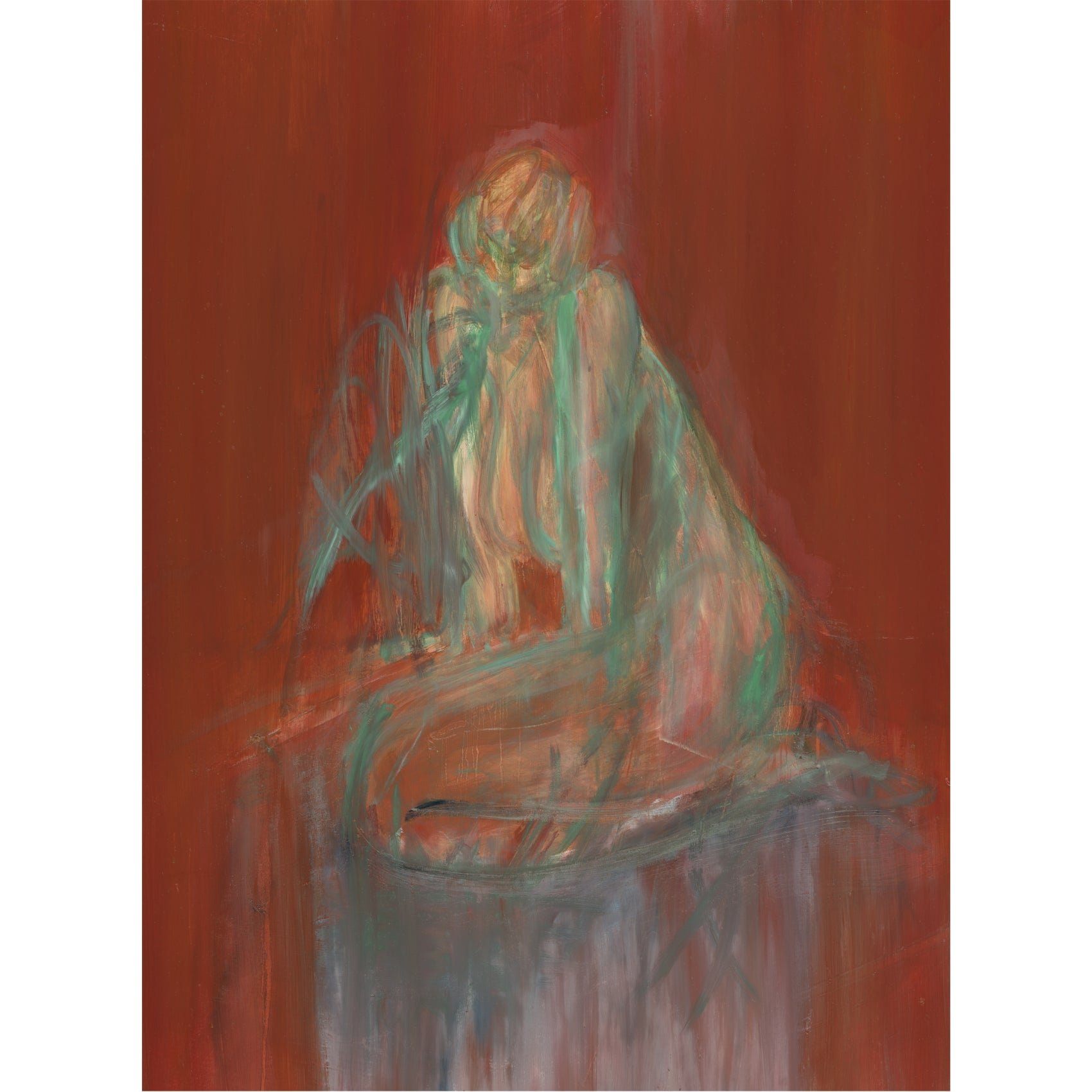 Abstract painting of a figure with flowing green and gray robes on a red background Still – Minimalist Abstract Canvas Art | Large Luxury Wall Decor | Brume Art