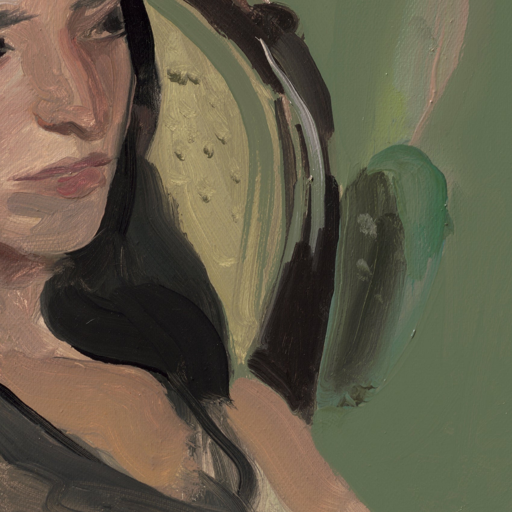 Close-up of a person wearing a black glove holding a textured object against a green background Bangkok girl– Figurative Canvas Wall Art | Contemporary Luxury Print | Brume Art| Luxury Wall Decor | Large Canvas Wall Art | Oversized Wall Hanging-Brume art