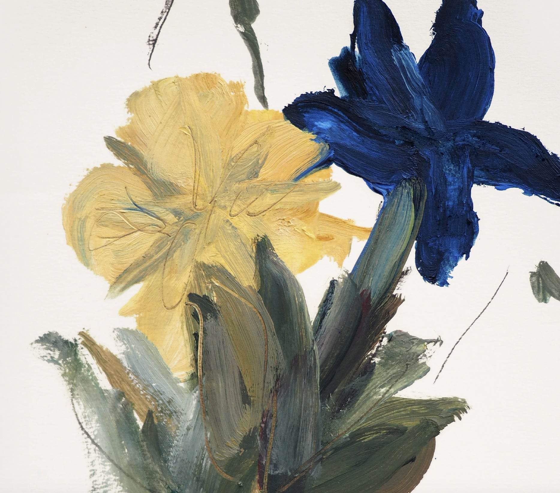 Abstract painting of yellow and blue flowers on a white background Blossom 2 – Botanical Canvas Wall Art | Premium Luxury Print | Brume Art