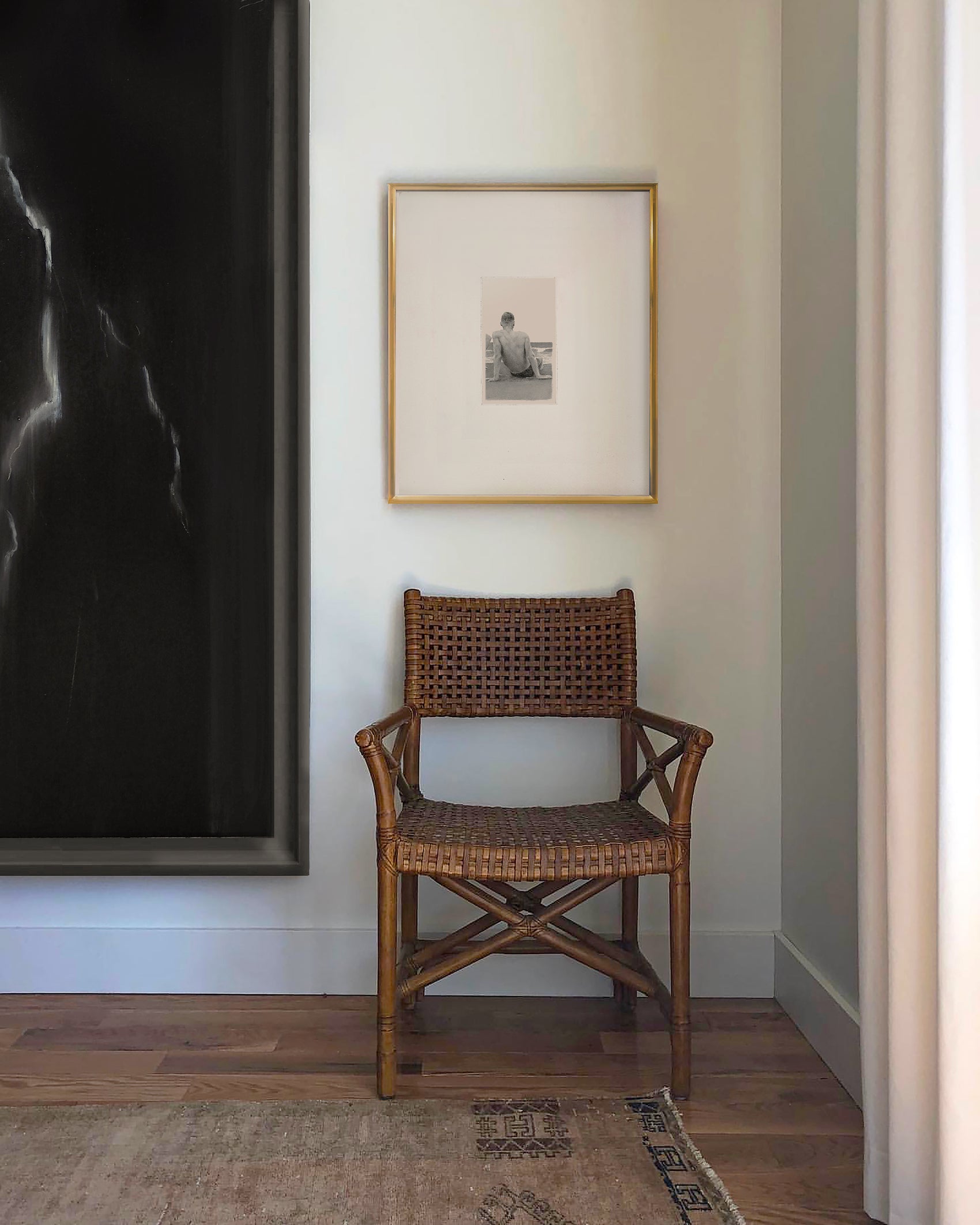 Wicker chair in a room with framed artwork on the wall Seaside retreat Contemporary Sketch Canvas Art | Luxury Wall Decor | Brume Art|