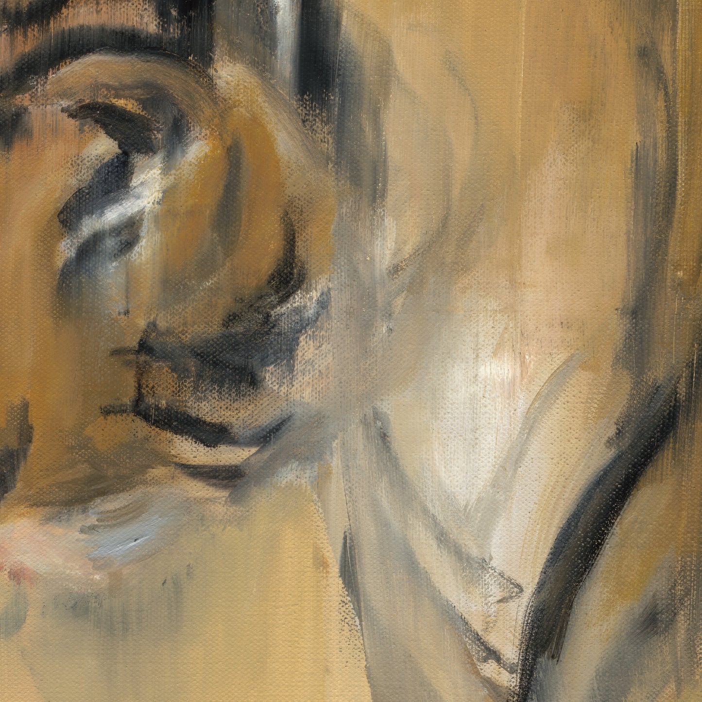 Abstract painting of a tiger with brown, black, and white colors on a textured beige background. Tiger – Contemporary Animal Canvas Art | Luxury Wall Decor | Brume Art