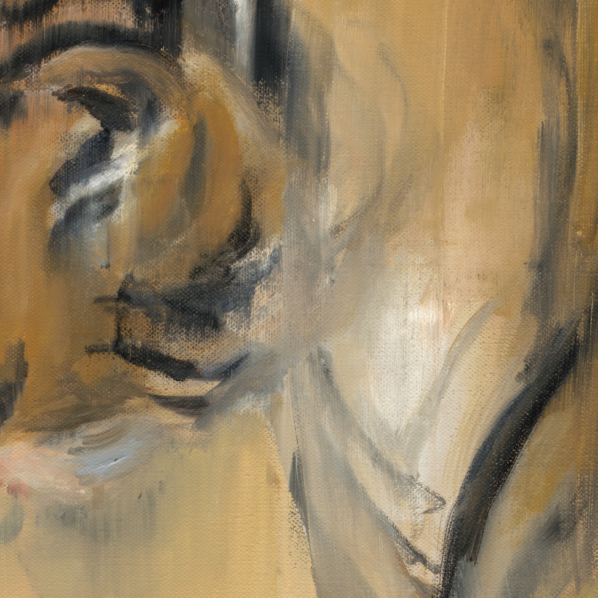 Abstract painting of a tiger with brown, black, and white colors on a textured beige background. Tiger – Contemporary Animal Canvas Art | Luxury Wall Decor | Brume Art