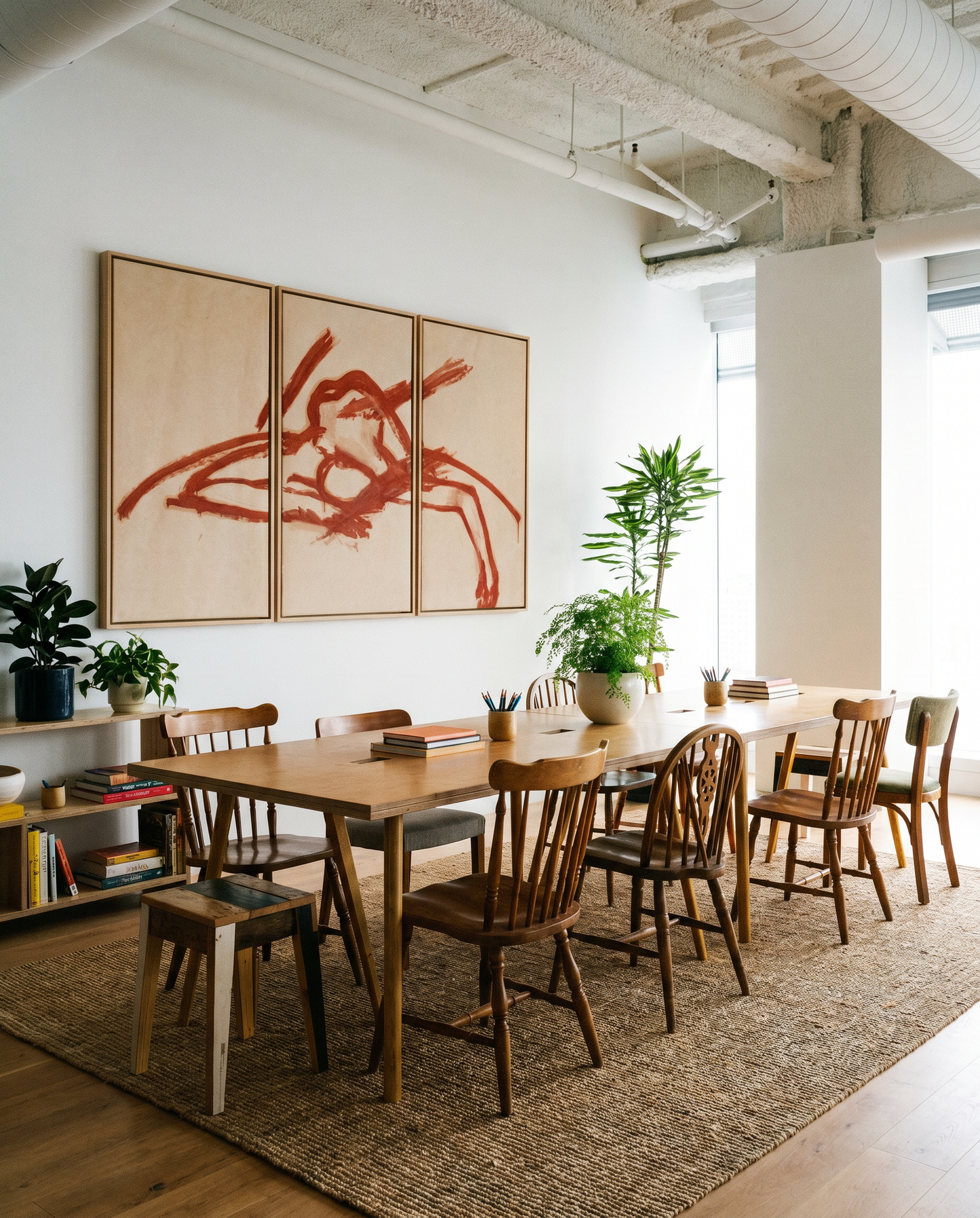 Dining area with wooden table and chairs, large abstract painting on the wall, and plants.