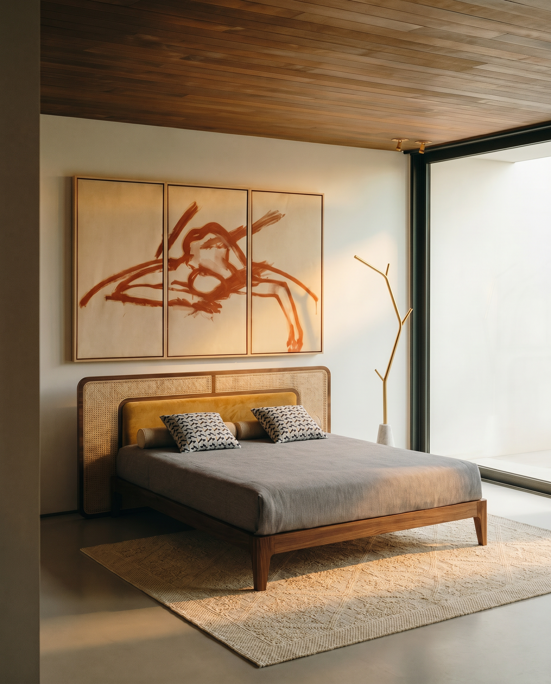 Modern bedroom with a bed, wall art, and lamp.