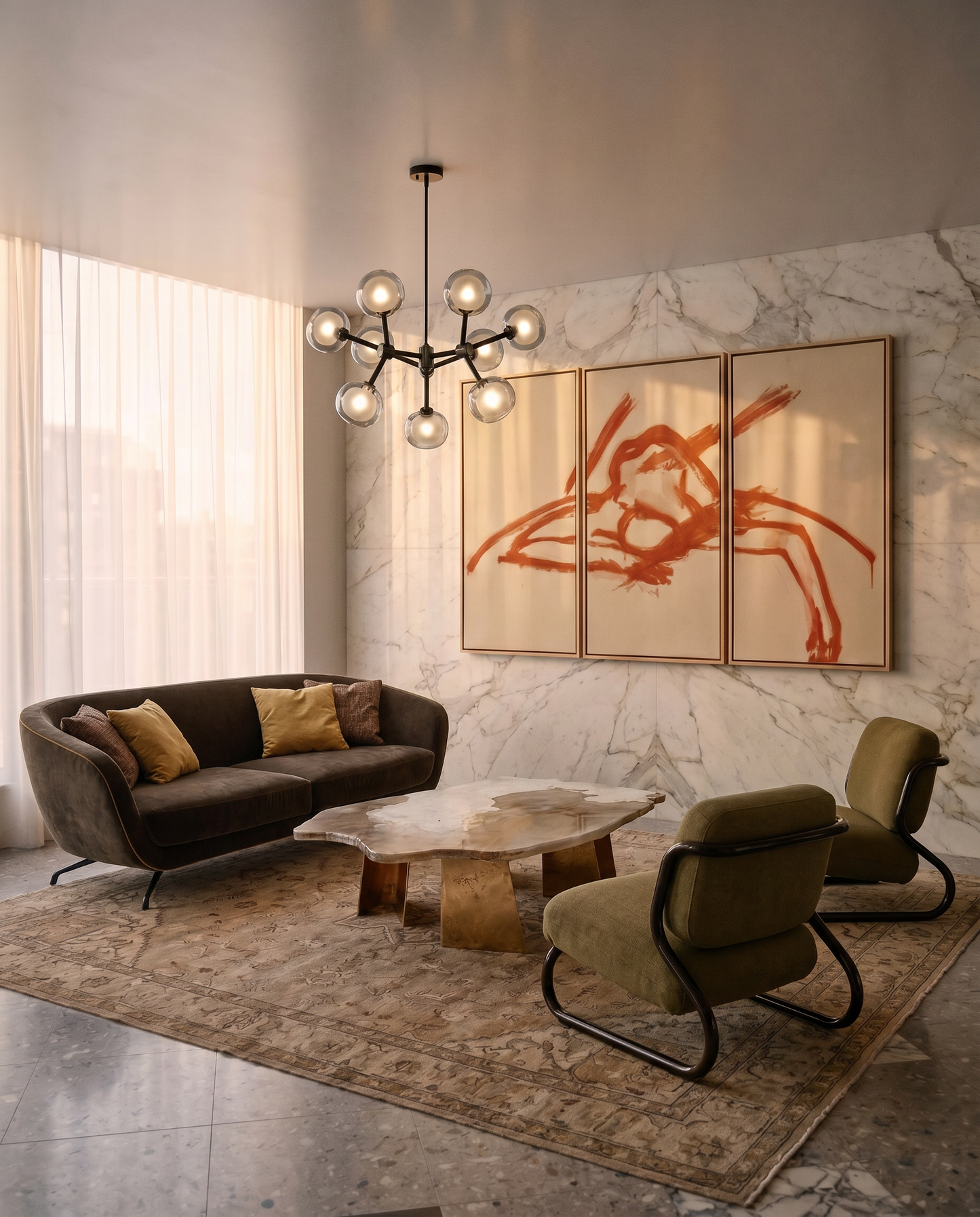Modern living room with a sofa, chairs, coffee table, and abstract art on the wall.