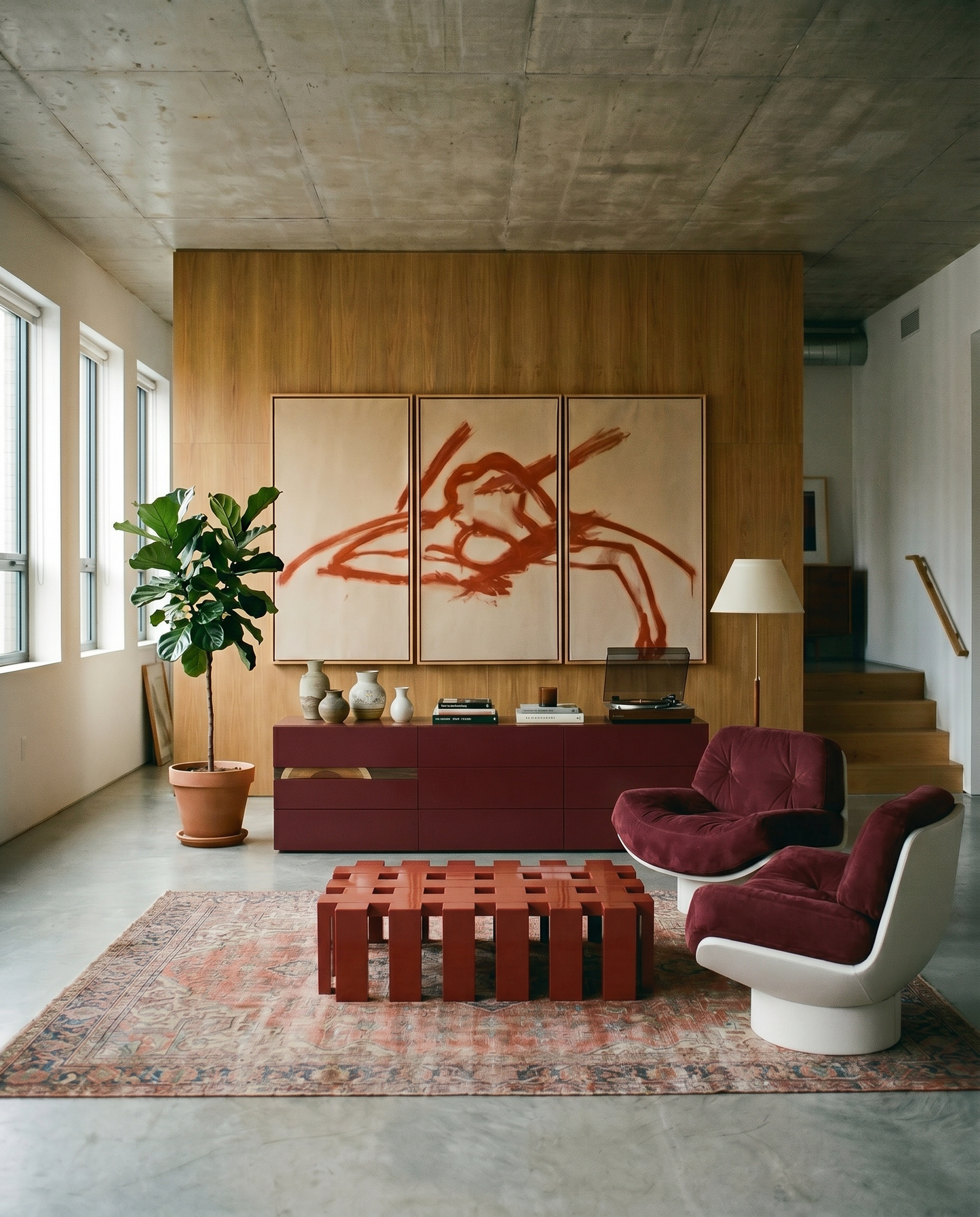 Modern living room with abstract art, red and white furniture, and a plant.