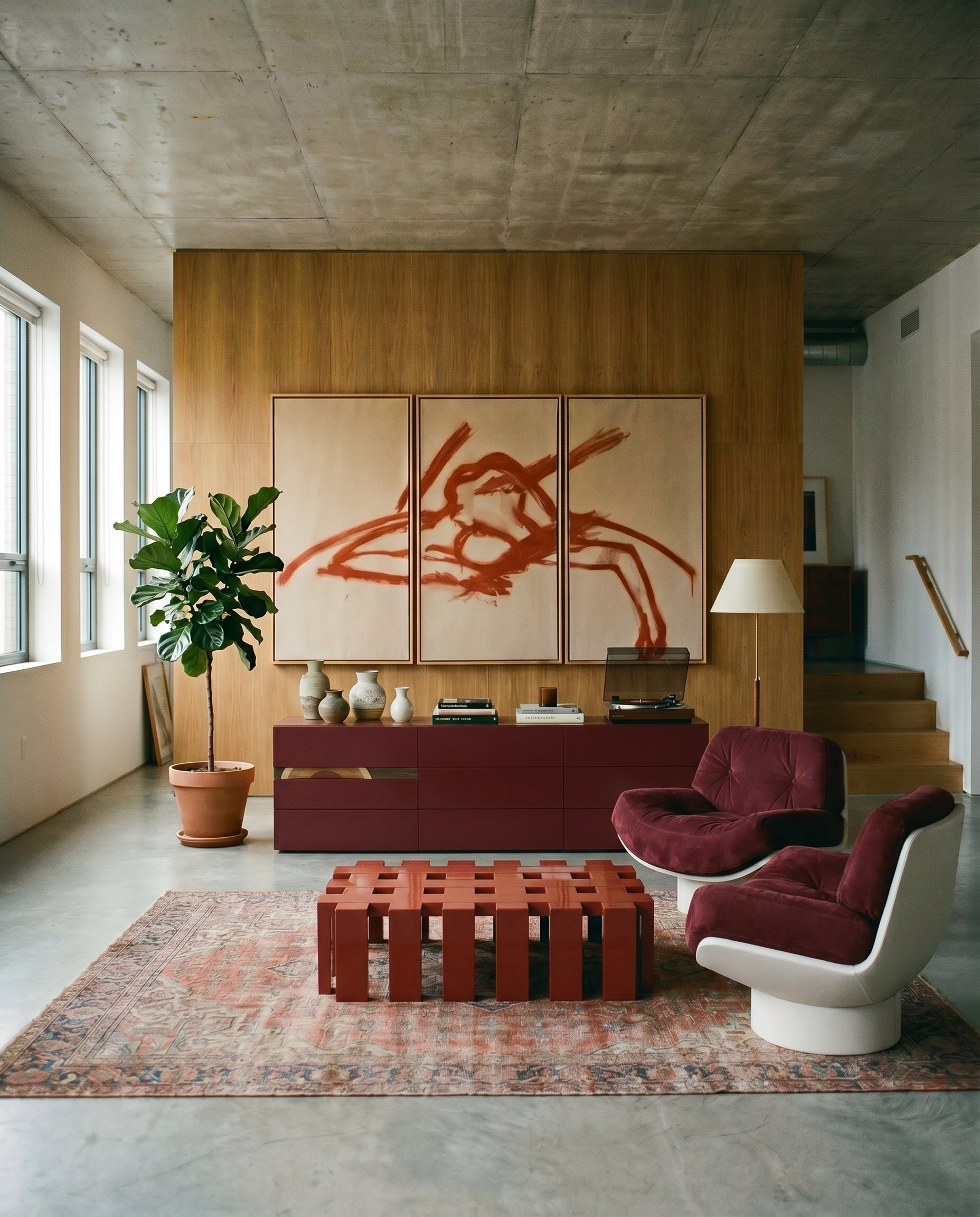 Modern living room with abstract art, red and white furniture, and a plant.