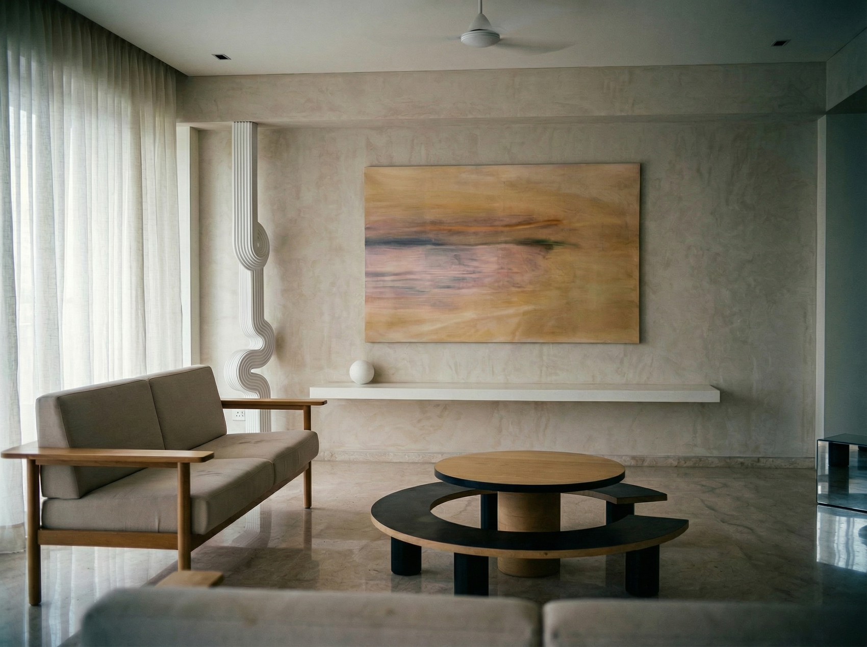 Modern living room with a neutral color palette, featuring a sofa, coffee table, and abstract painting on the wall. Field Yellow – Landscape Canvas Wall Art | Large Luxury Print | Brume Art