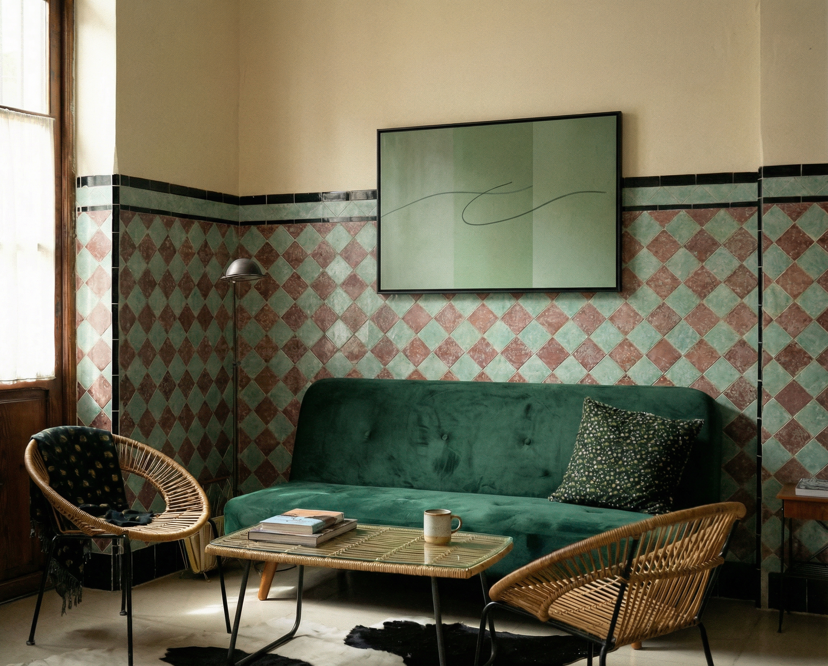 Living room with green sofa, wicker chairs, and patterned wallpaper.olive – Bold Abstract Canvas Print | Large Luxury Wall Art | Brume Art
