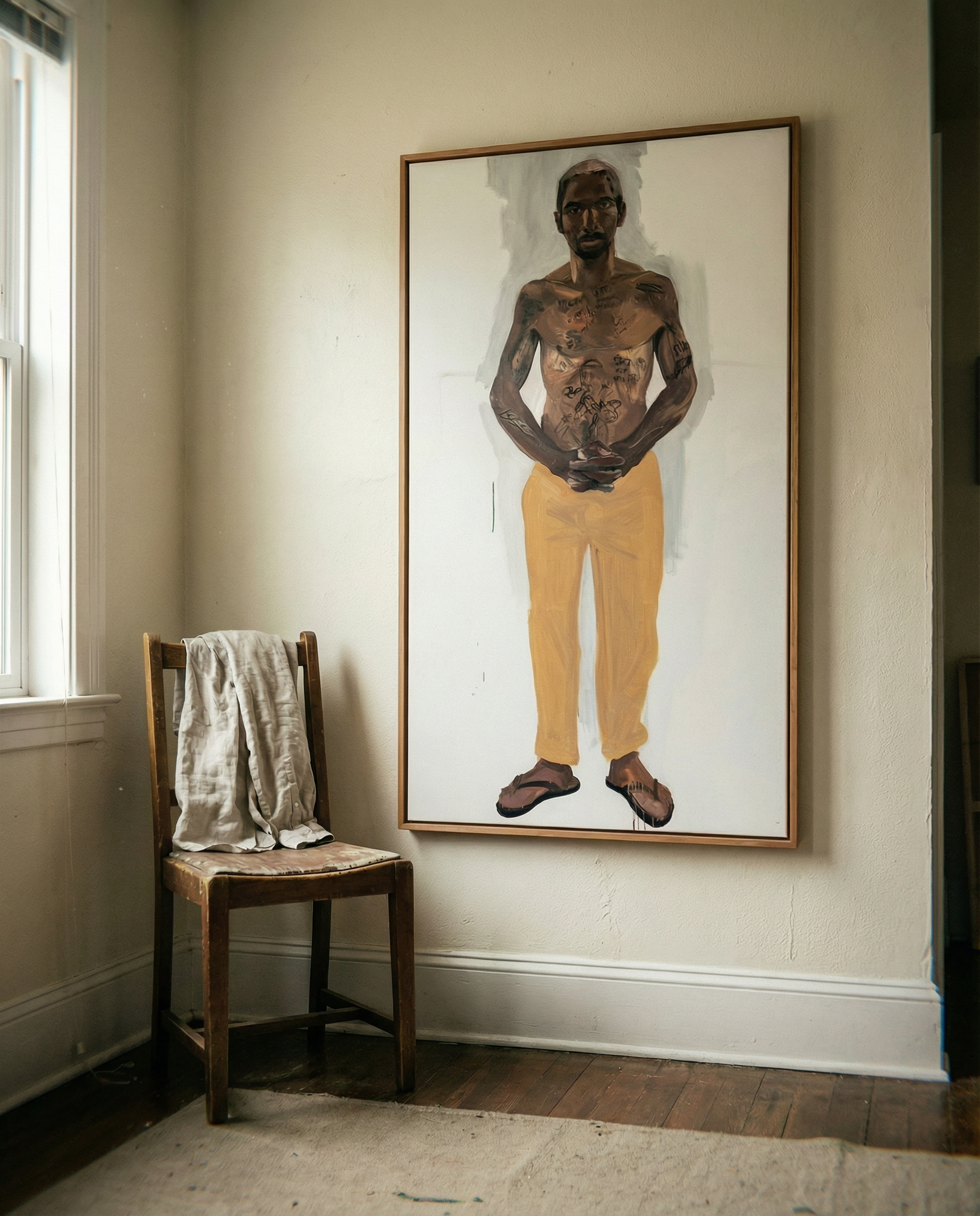 Framed portrait of a shirtless man wearing yellow pants in a room with a wooden chair and white towel. Fisherman of manila-Figurative Canvas Wall Art | Premium Luxury Print | Brume Art