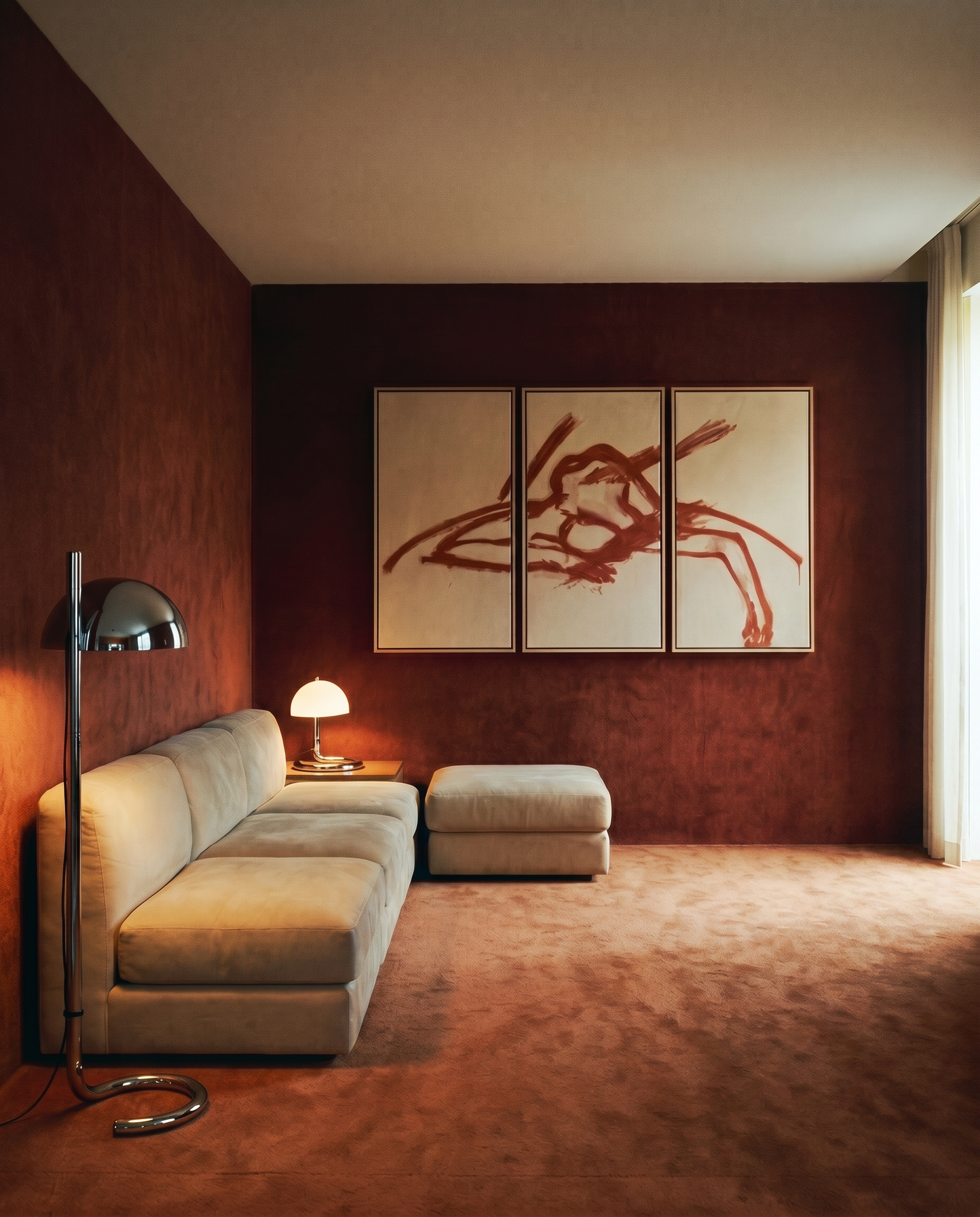 Modern living room with a beige sectional sofa, floor lamp, and abstract wall art.