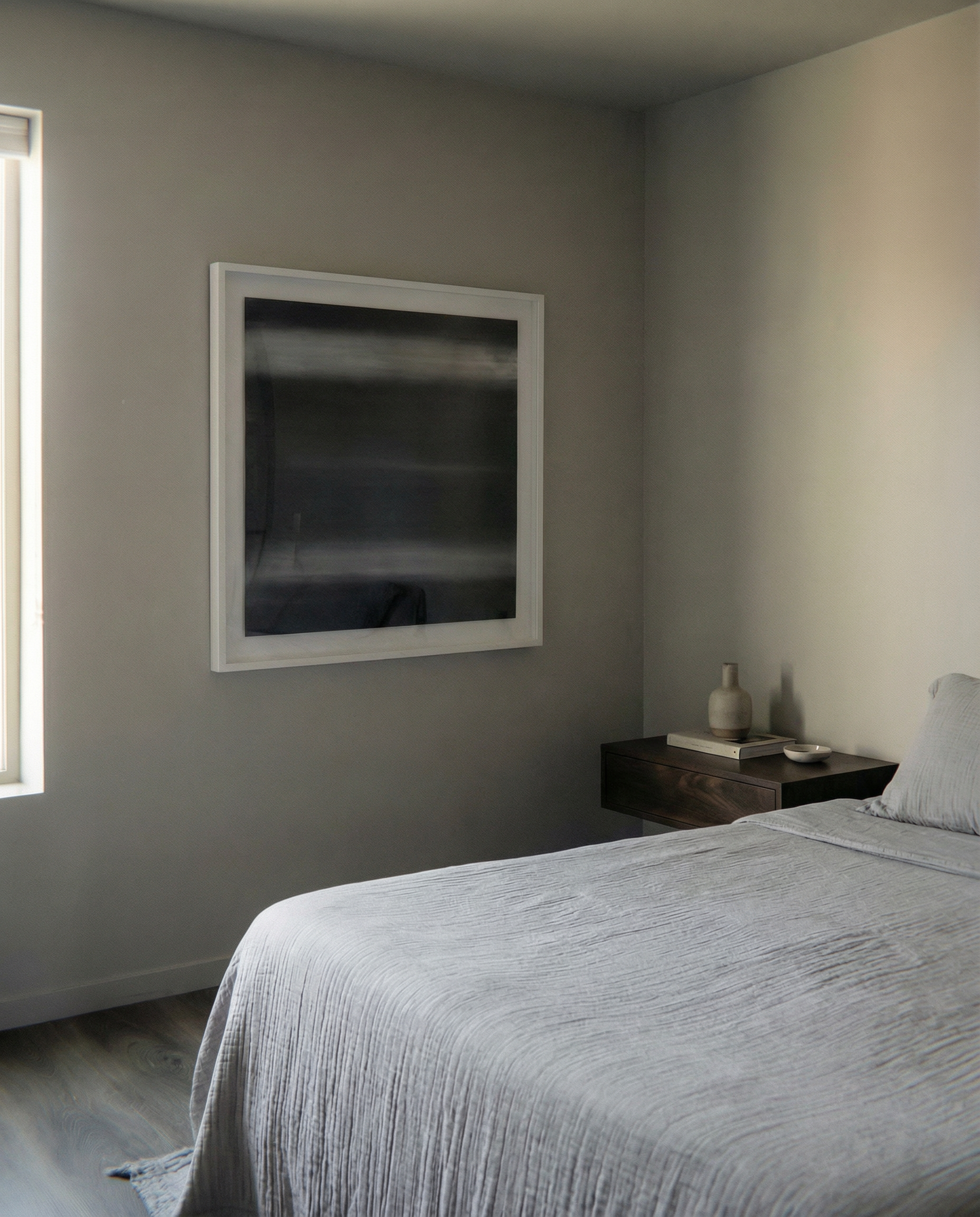 Modern bedroom with a bed, nightstand, and framed artwork on the wall. Horizon 2 – Bold Abstract Canvas Wall Art | Premium Luxury Print | Brume Art