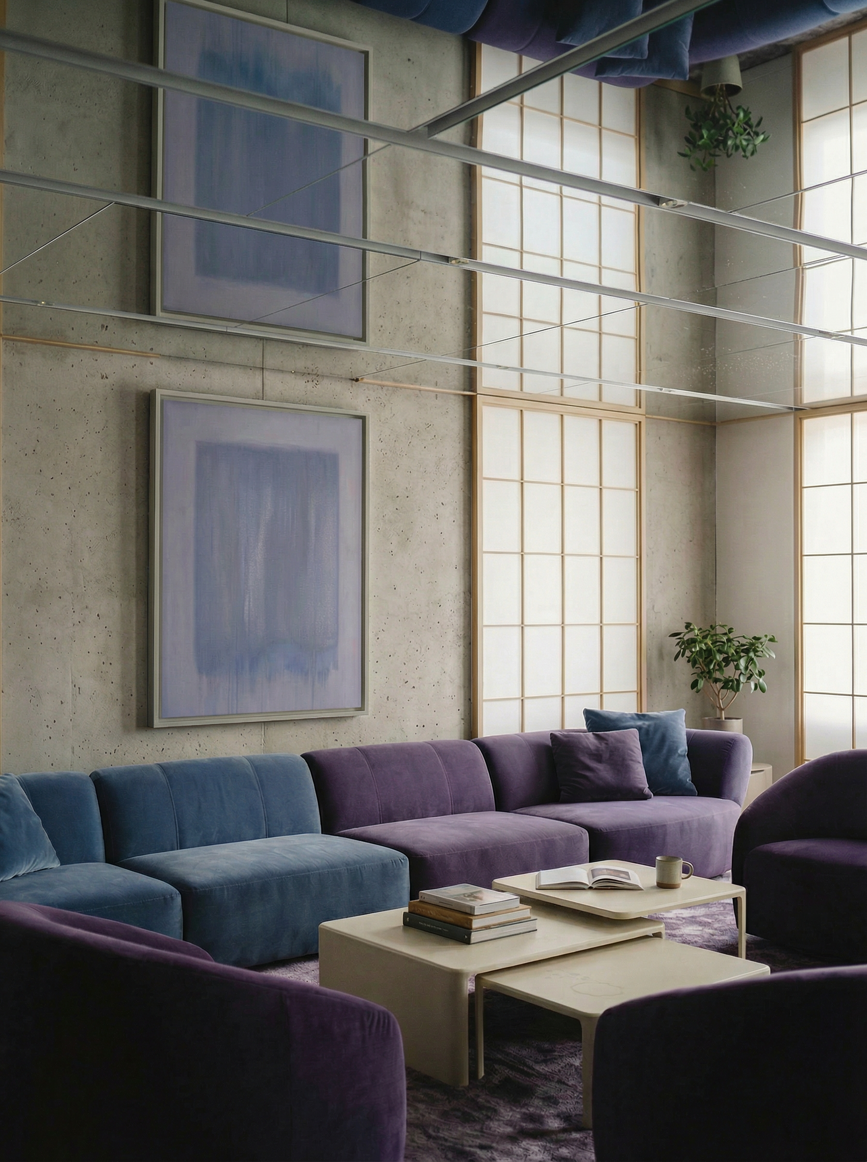 Modern living room with blue and purple sofas, abstract art on the wall, and a coffee table. Frame – Bold Abstract Canvas Wall Art | Large Luxury Print | Brume Art