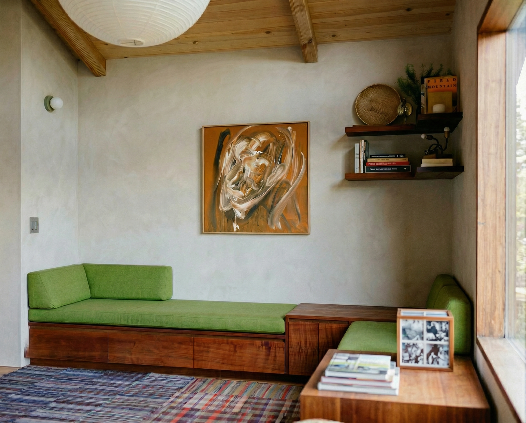 Living room with green sofa, wooden coffee table, and wall art. Noise 4 – Textured Abstract Canvas Art | Premium Luxury Wall Decor | Brume Art | Luxury Wall Decor | Large Canvas Wall Art | Oversized Wall Hanging-Brume art