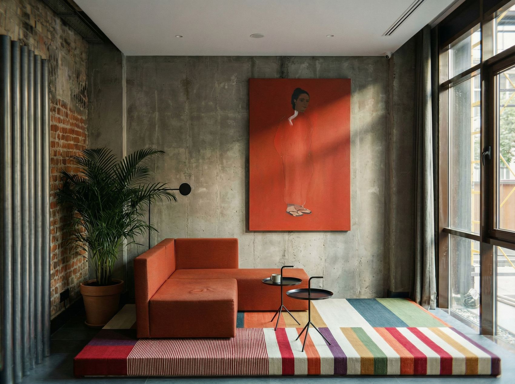 Modern living room with orange sofa, colorful rug, and red wall art. The Woman in Red – Portrait Canvas Wall Art | Large Luxury Print | Brume Art