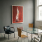 Modern interior with a glass dining table and chairs, featuring a striking abstract painting on the wall. Painting of a dog standing on its hind legs against a red background Suspension – Nature Canvas Wall Art | Large Luxury Print | Brume Art