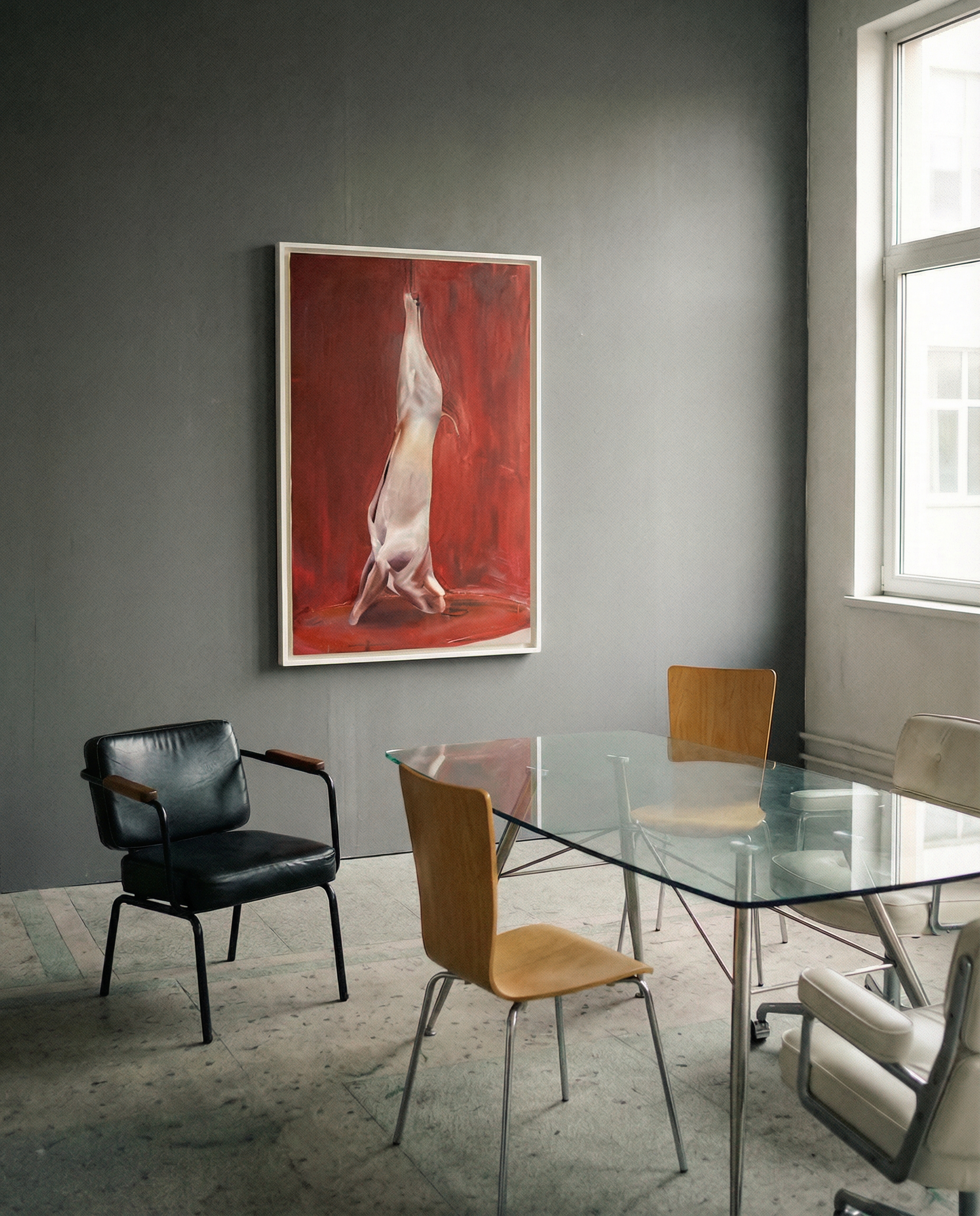 Modern interior with a glass dining table and chairs, featuring a striking abstract painting on the wall. Painting of a dog standing on its hind legs against a red background Suspension – Nature Canvas Wall Art | Large Luxury Print | Brume Art