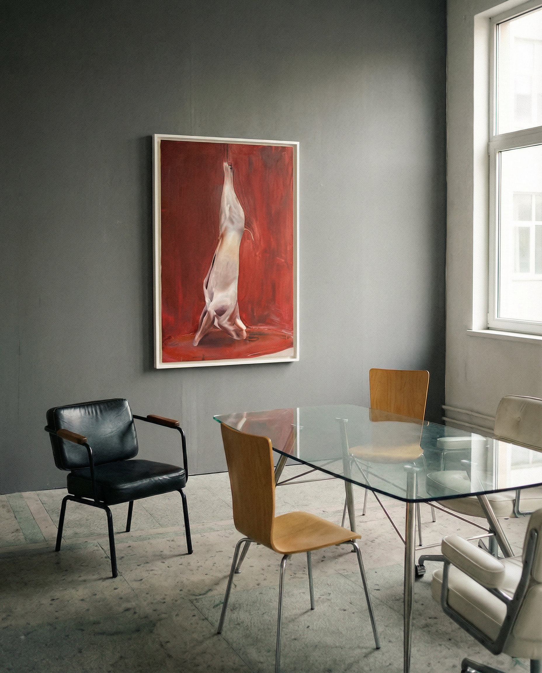 Modern interior with a glass dining table and chairs, featuring a striking abstract painting on the wall. Painting of a dog standing on its hind legs against a red background Suspension – Nature Canvas Wall Art | Large Luxury Print | Brume Art