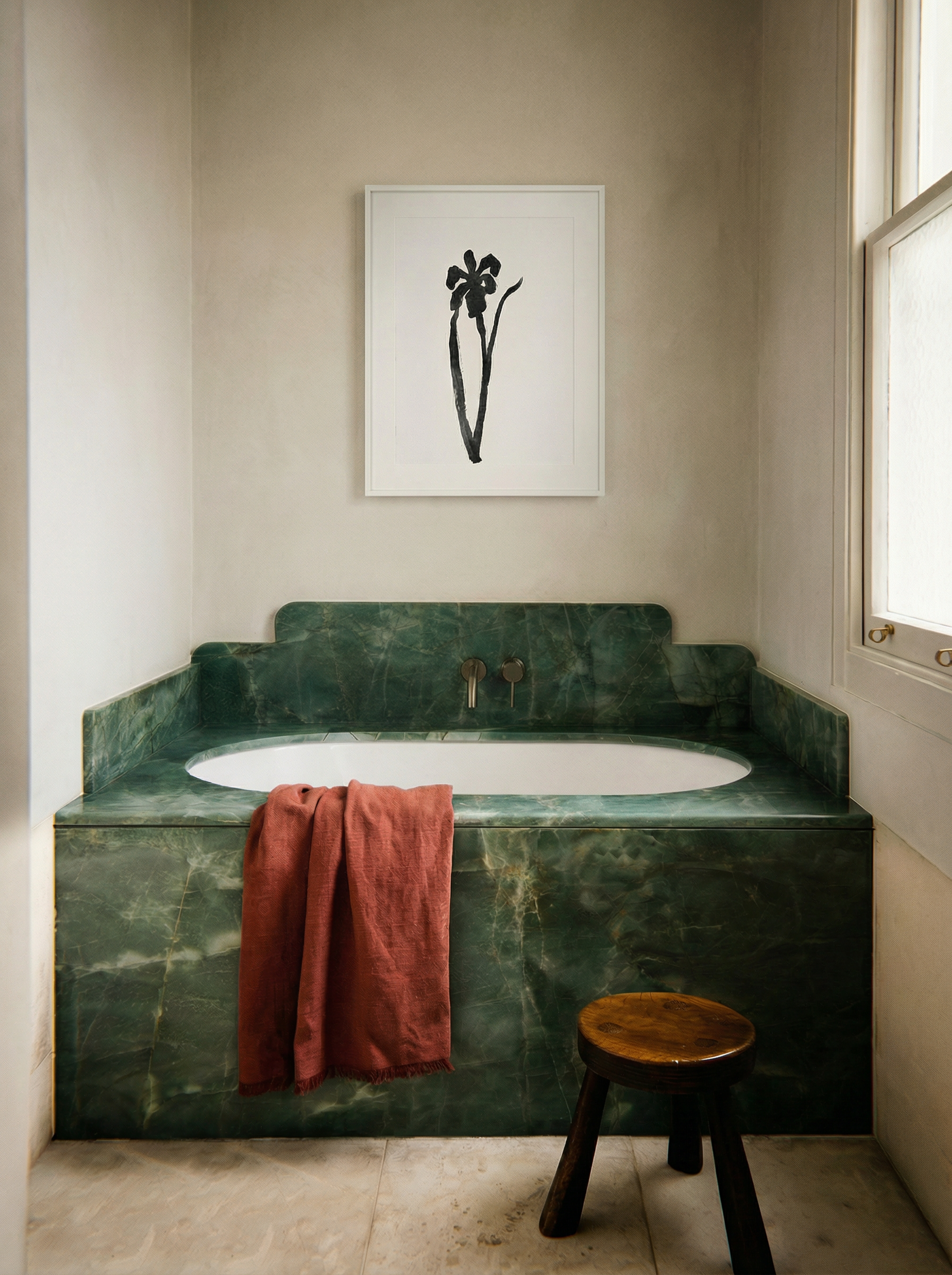 Bathroom with green marble vanity, white sink, and pink towel. Blossom – Botanical Canvas Wall Art | Large Luxury Print | Brume Art