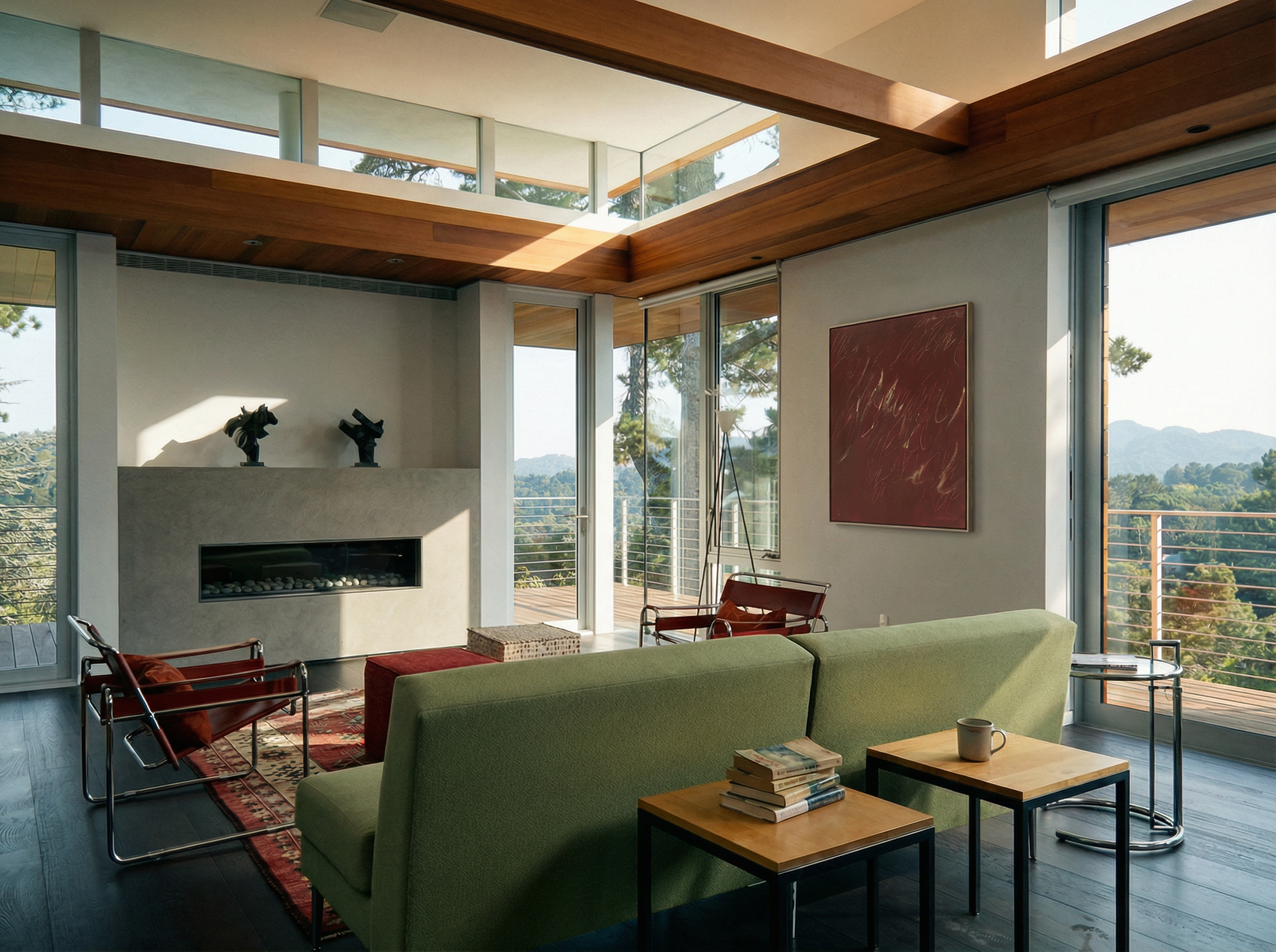 Modern living room with green sofa, wooden coffee table, and large windows. Noise – Abstract Canvas Art | Large Luxury Wall Print | Brume Art