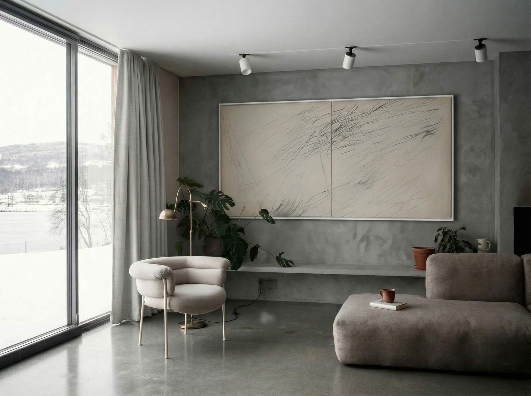 Modern living room with a large window, gray sofa, and abstract wall art. Black lines – Bold Abstract Canvas Print | Large Luxury Wall Art