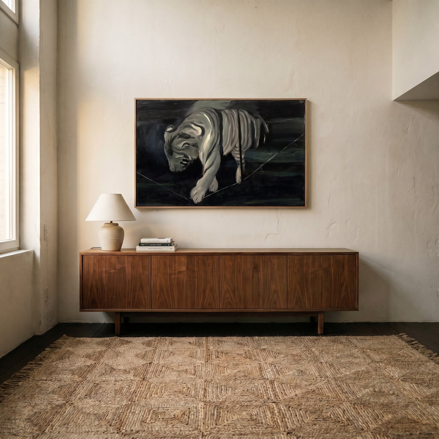 Room interior with a wooden sideboard, lamp, and painting of a tiger on the wall.