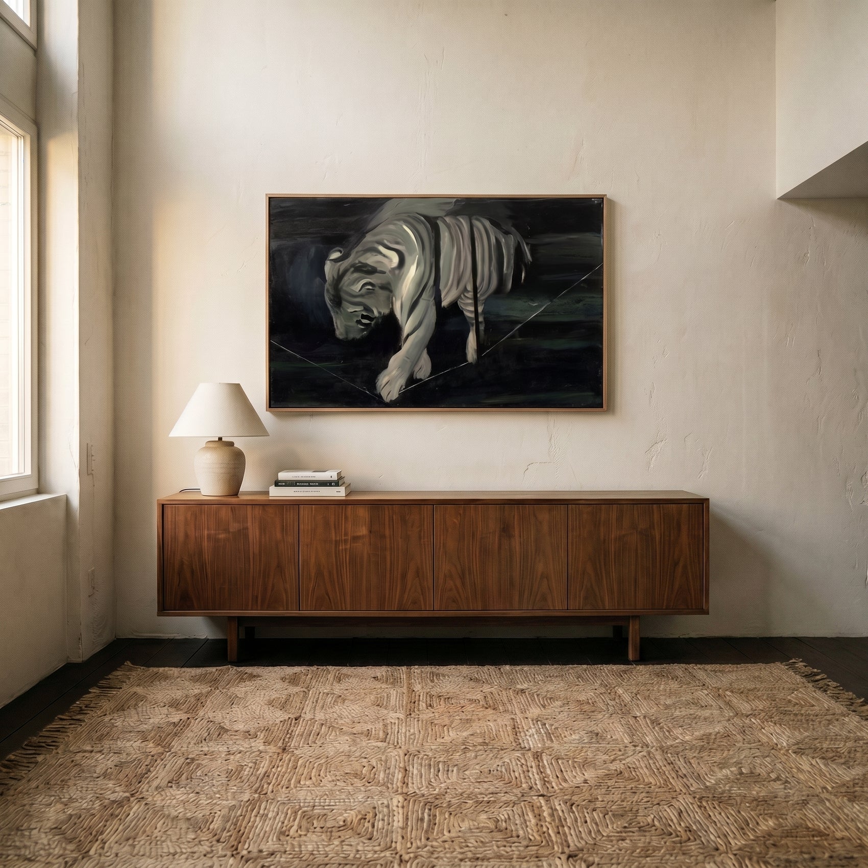Room interior with a wooden sideboard, lamp, and painting of a tiger on the wall.