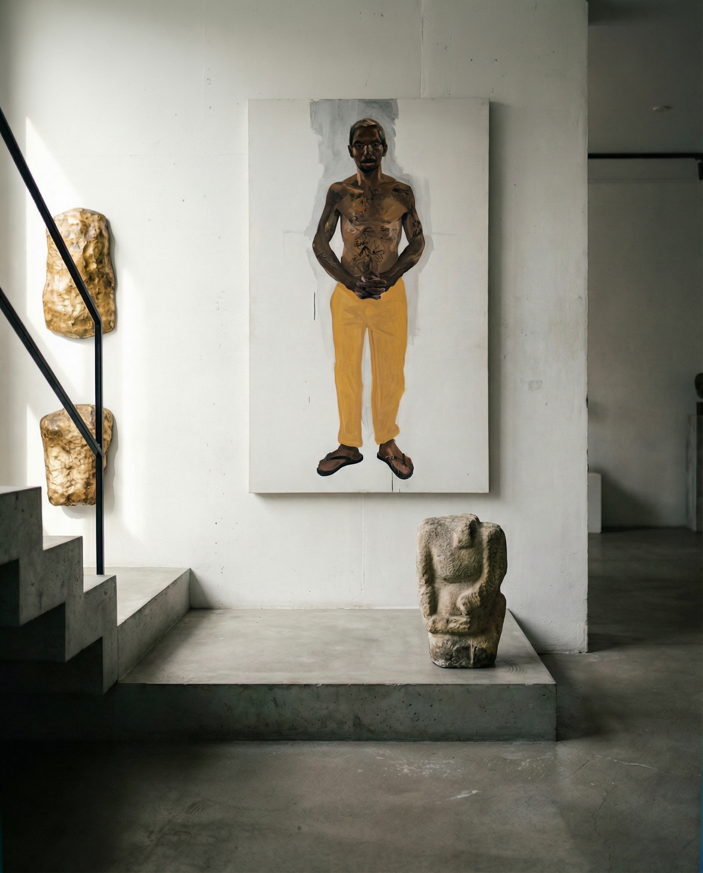 Staircase with a large painting of a shirtless man in yellow pants and two stone sculptures on a platform. Fisherman of manila-Figurative Canvas Wall Art | Premium Luxury Print | Brume Art