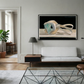 Modern living room with a white sofa, glass coffee table, and abstract artwork on the wall. Goggles – Unique Figurative Canvas Art | Premium Wall Decor | Brume Art