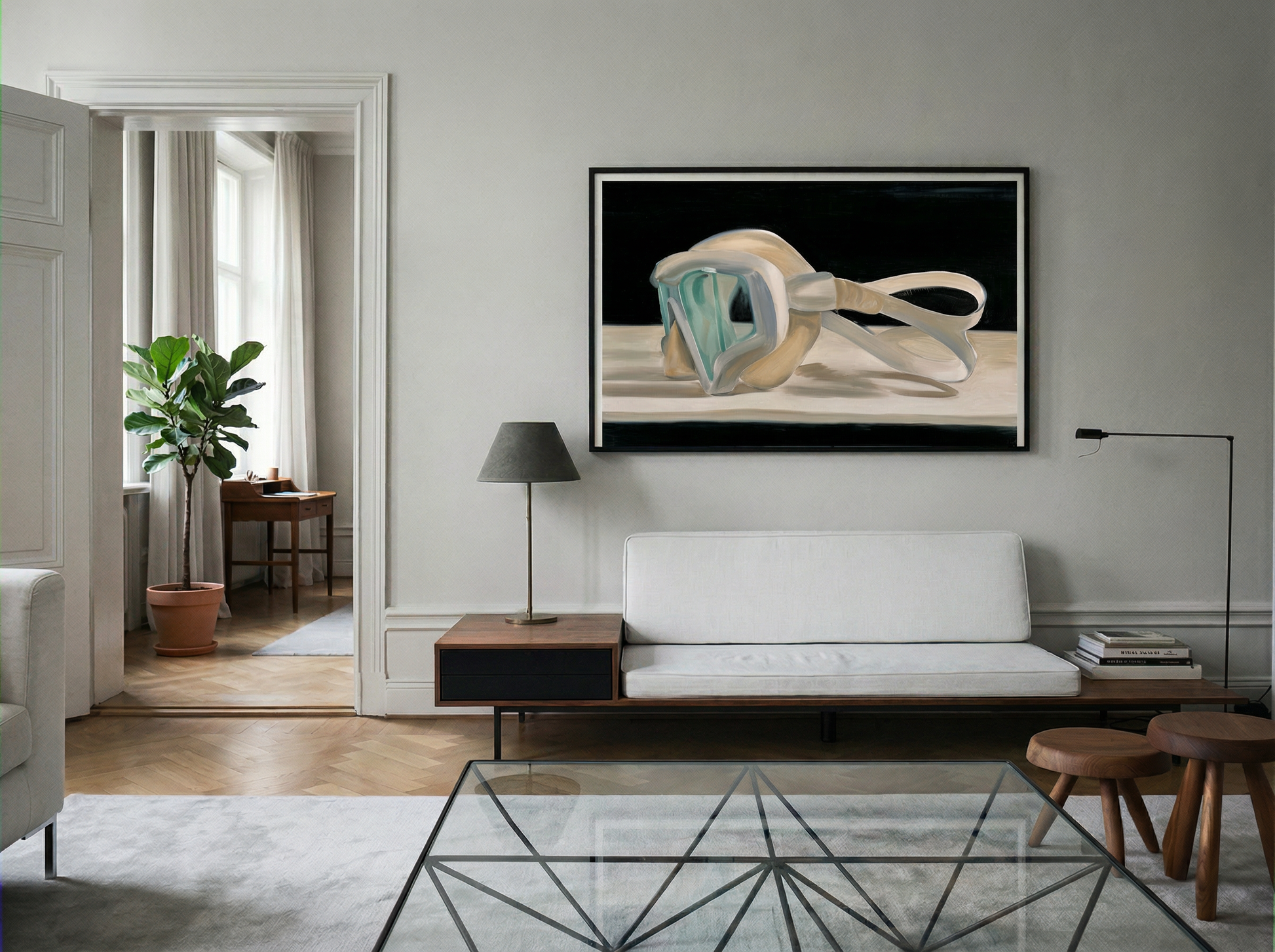 Modern living room with a white sofa, glass coffee table, and abstract artwork on the wall. Goggles – Unique Figurative Canvas Art | Premium Wall Decor | Brume Art