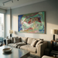 Living room with a beige sofa, abstract painting on the wall, and modern decor. Depth – Bold Abstract Canvas Print | Large Luxury Wall Art | Brume Art