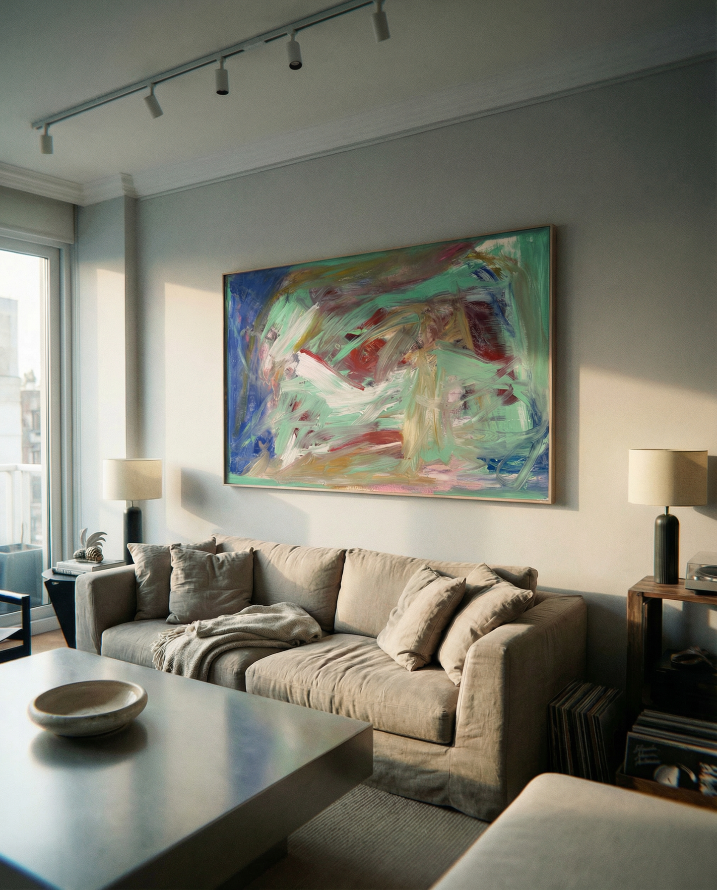 Living room with a beige sofa, abstract painting on the wall, and modern decor. Depth – Bold Abstract Canvas Print | Large Luxury Wall Art | Brume Art