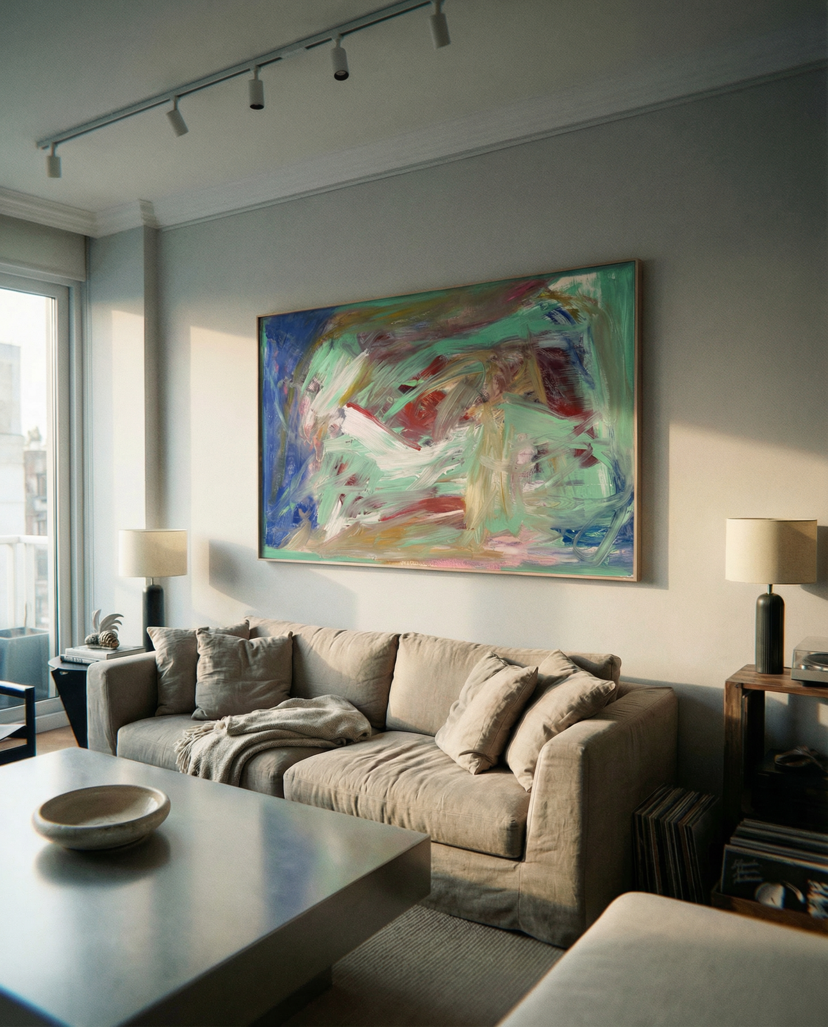 Living room with a beige sofa, abstract painting on the wall, and modern decor. Depth – Bold Abstract Canvas Print | Large Luxury Wall Art | Brume Art