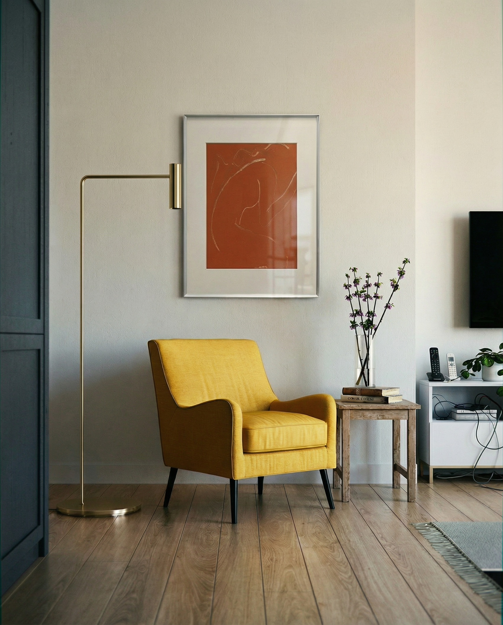 Modern living room with a yellow armchair, floor lamp, and abstract art on the wall. Presence 2 – Figurative Abstract Canvas | Premium Wall Art | Brume Art