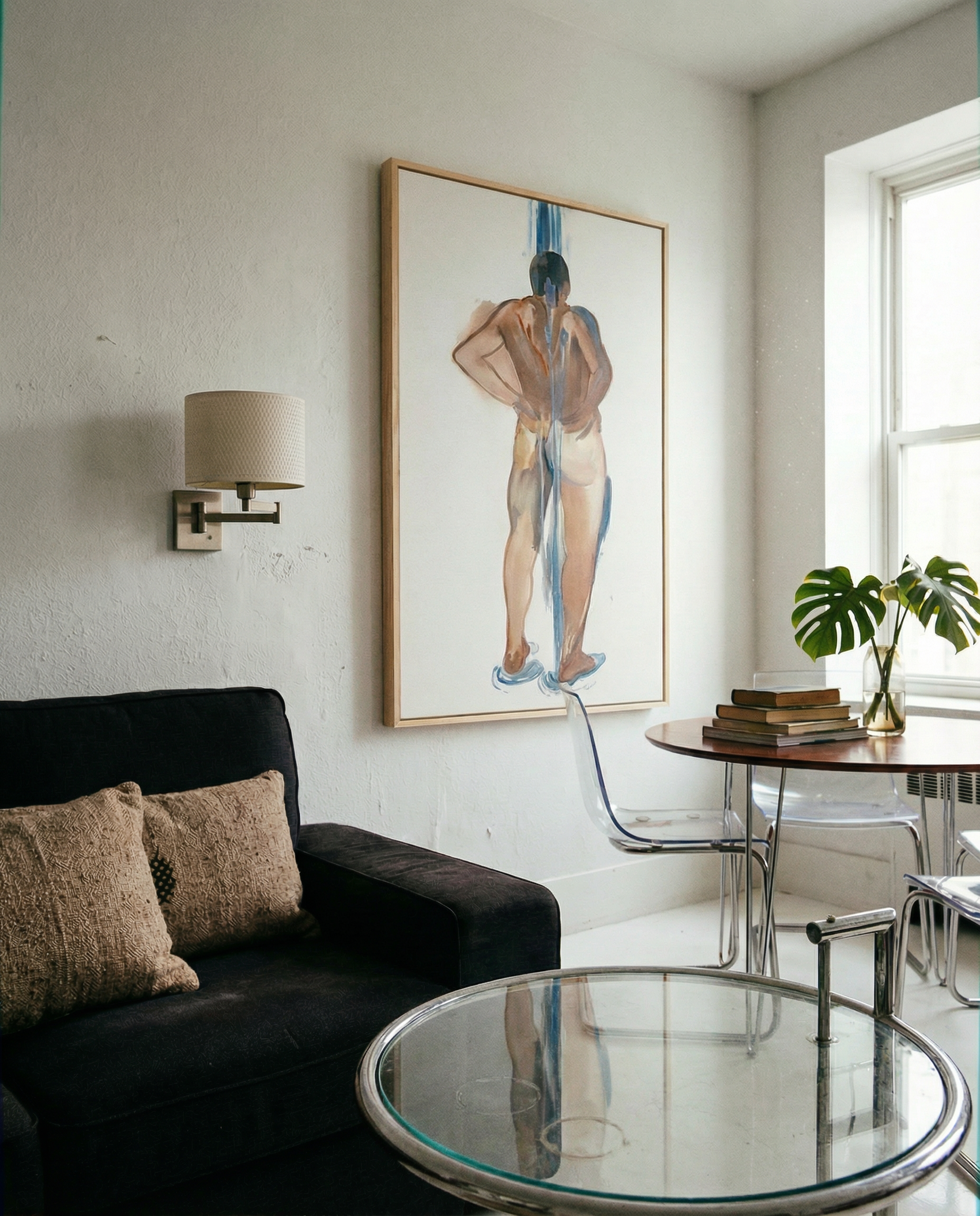 Modern living room with a black sofa, glass coffee table, and wall art. Man bathing – Portrait Canvas Wall Art | Large Luxury Print | Brume Art