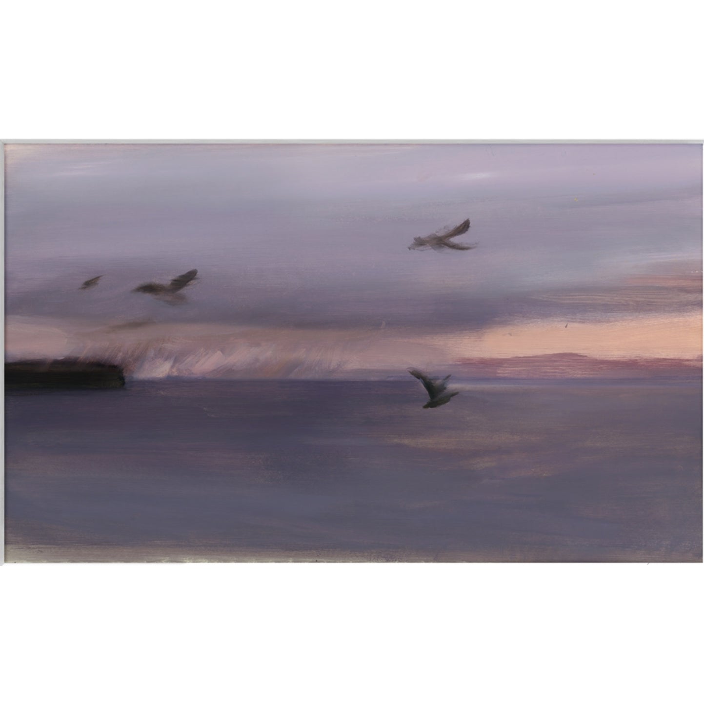 Birds flying over a reflective water surface at sunset. Away – Minimalist Abstract Canvas Art | Large Luxury Wall Decor | Brume Art