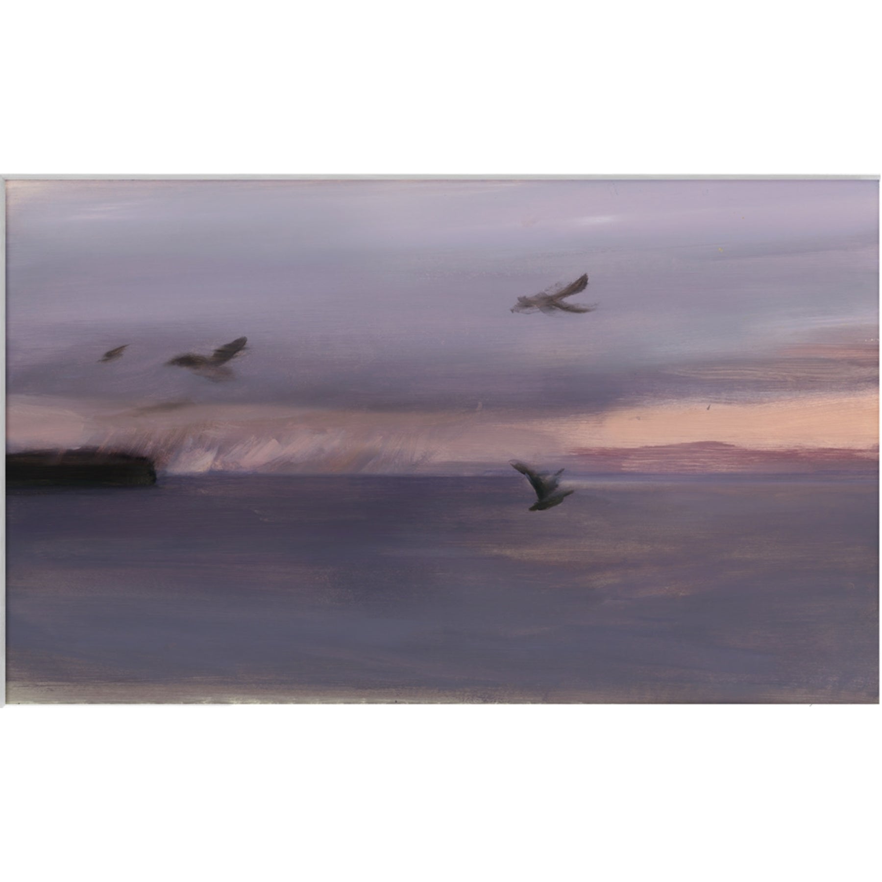 Birds flying over a reflective water surface at sunset. Away – Minimalist Abstract Canvas Art | Large Luxury Wall Decor | Brume Art