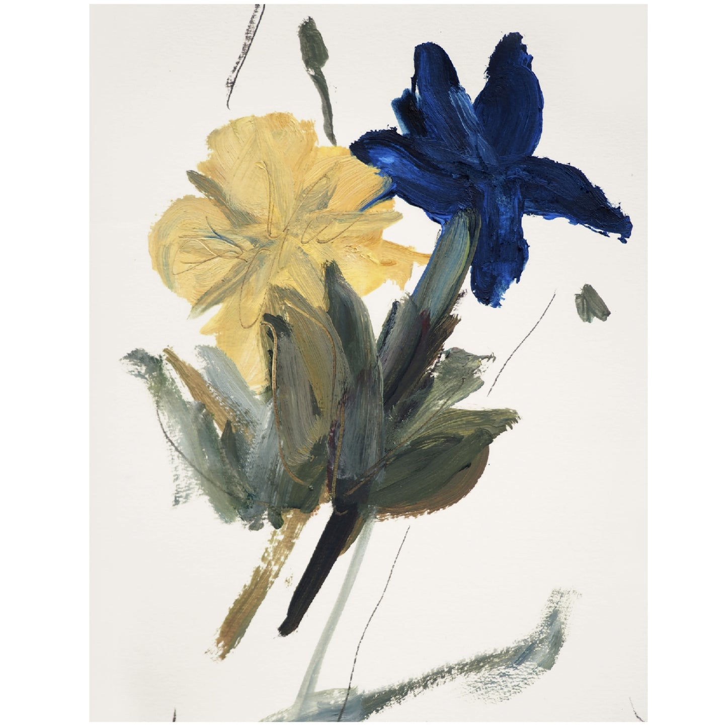 Abstract painting of a blue flower and yellow petals on a white background Blossom 2 – Botanical Canvas Wall Art | Premium Luxury Print | Brume Art