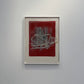 Abstract artwork on a red background in a white frame against a gray wall. Tension – Bold Abstract Canvas Print | Large Luxury Wall Art | Brume Art