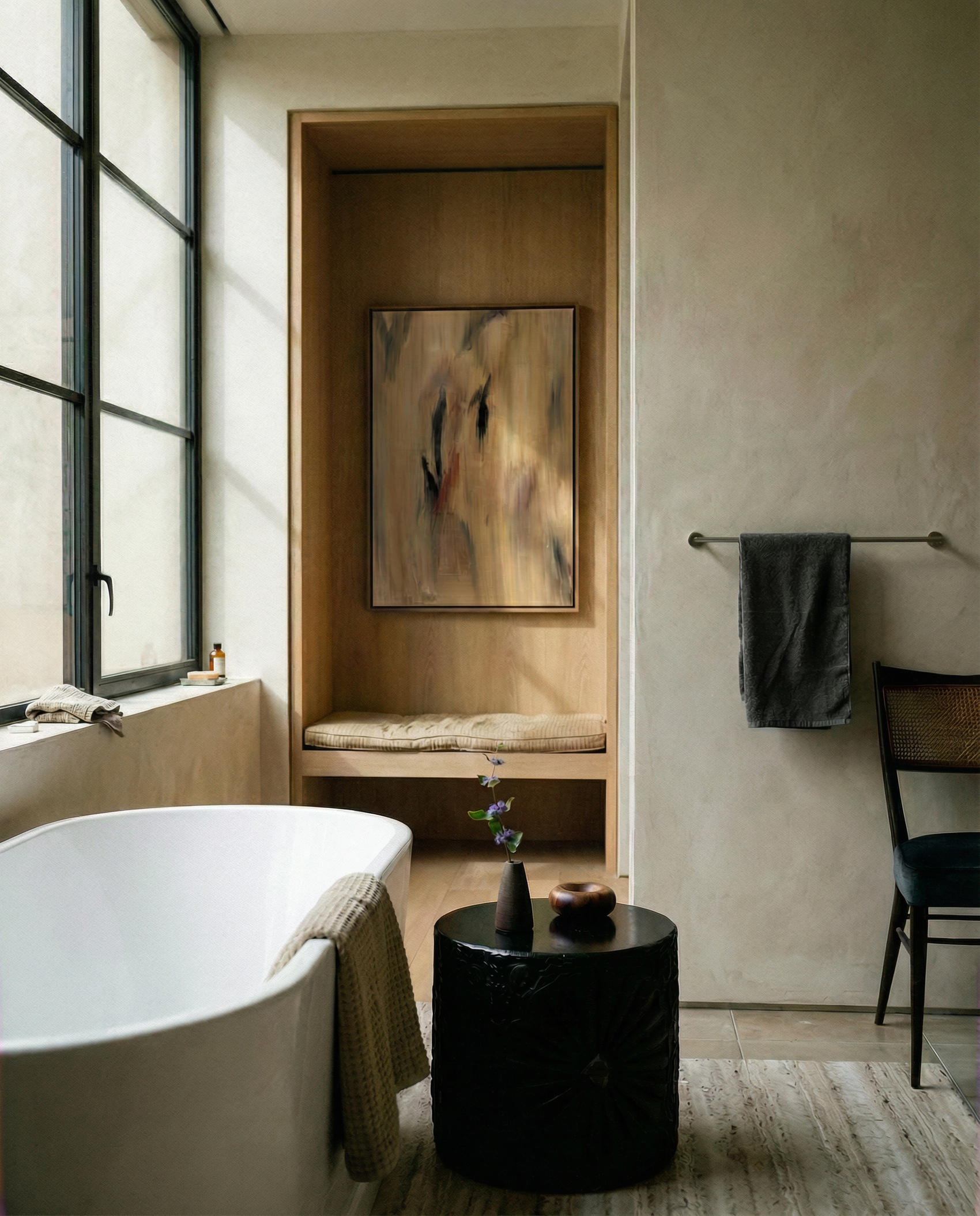 Bathroom interior with a bathtub, stool, and wall art. Abstract painting with brown and black brush strokes on a beige background Field Yellow 2 – Landscape Canvas Wall Art | Premium Luxury Print | Brume Art