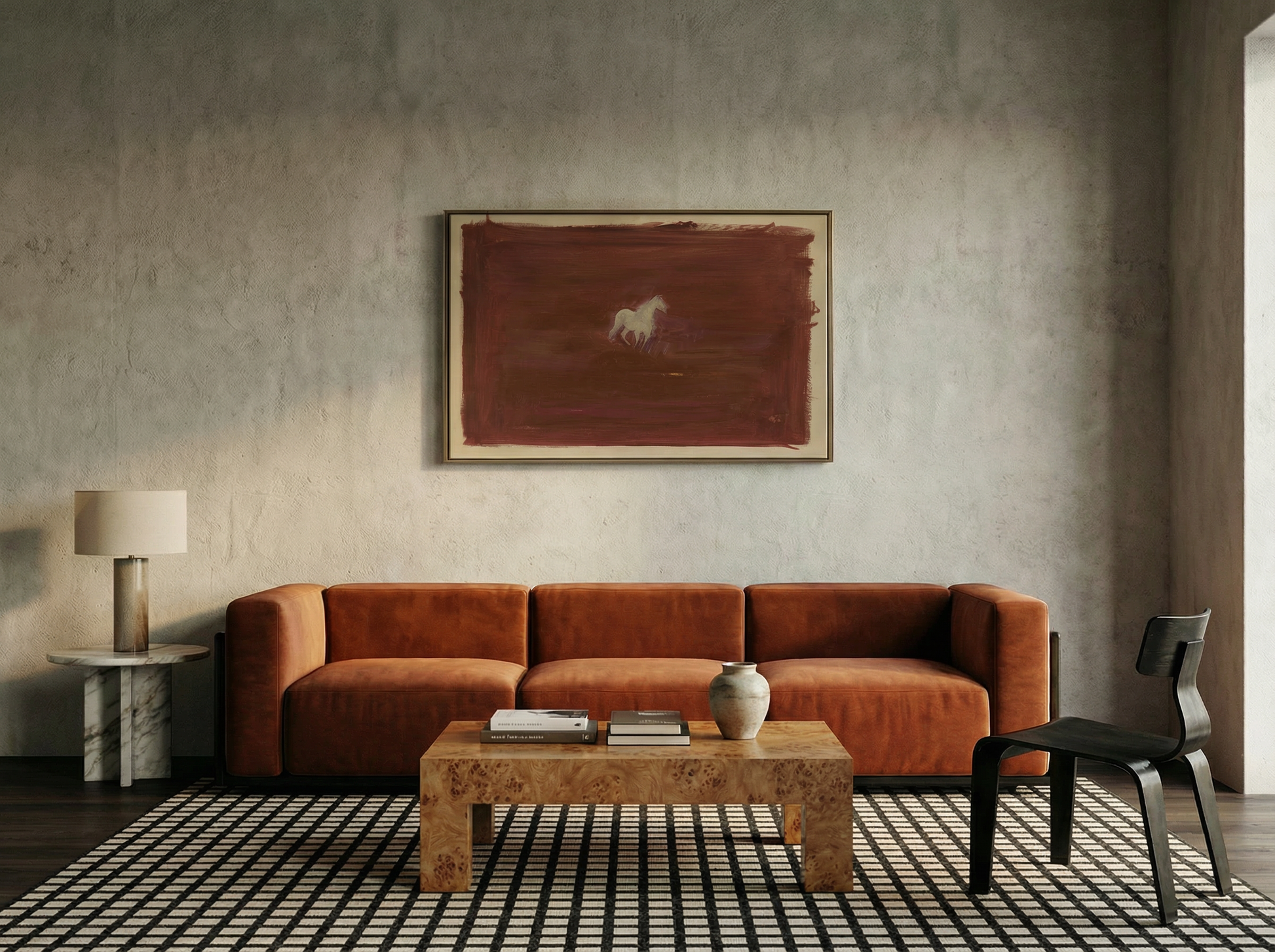 Modern living room with a brown sofa, wooden coffee table, and abstract painting on the wall. silent run – Contemporary Animal Canvas Art | Luxury Wall Decor | Brume Art