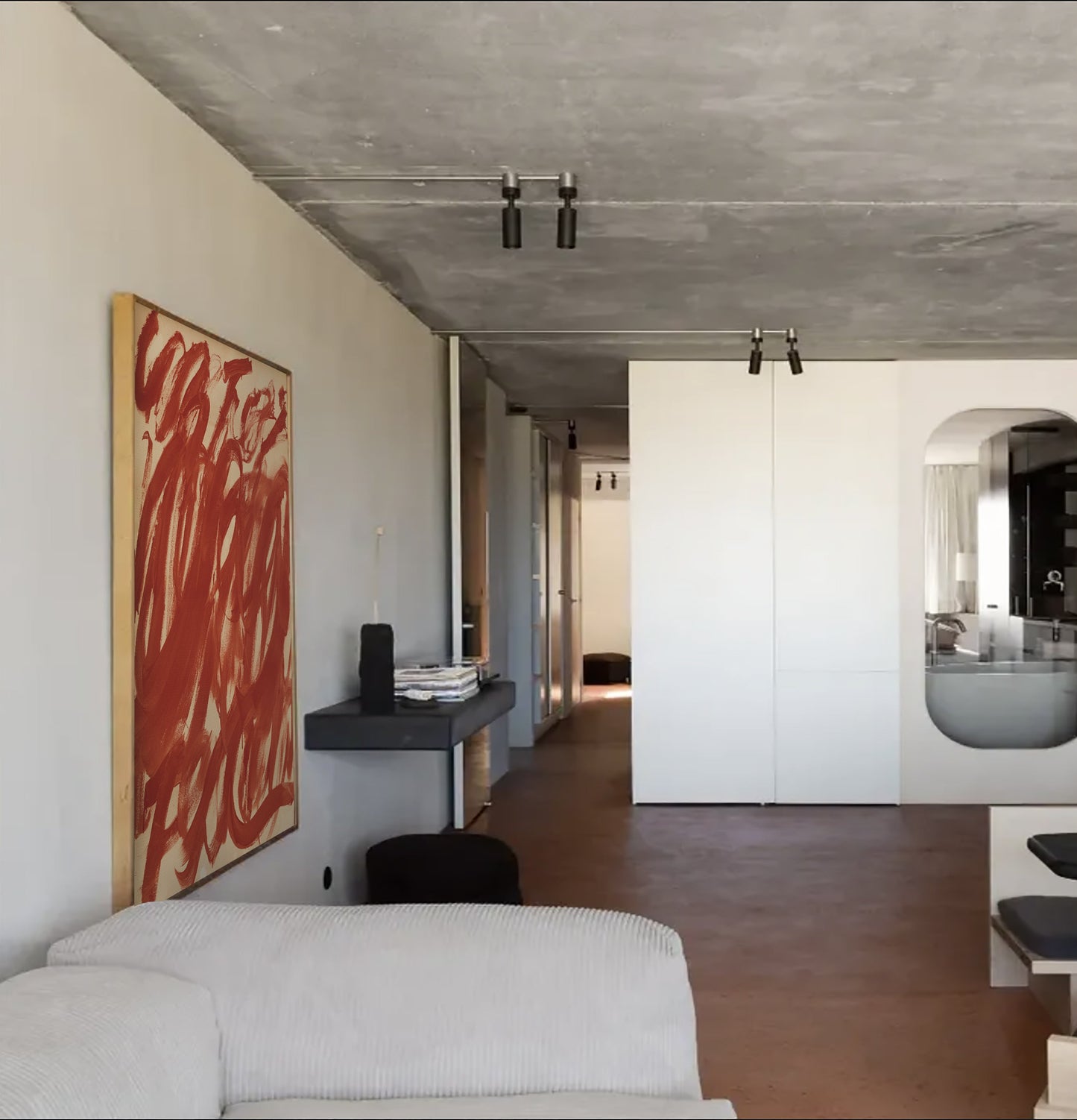 Modern interior with abstract red artwork on a white wall, white sofa, and concrete ceiling. Noise 6 – Textured Abstract Canvas Art | Premium Luxury Wall Decor | Brume Art