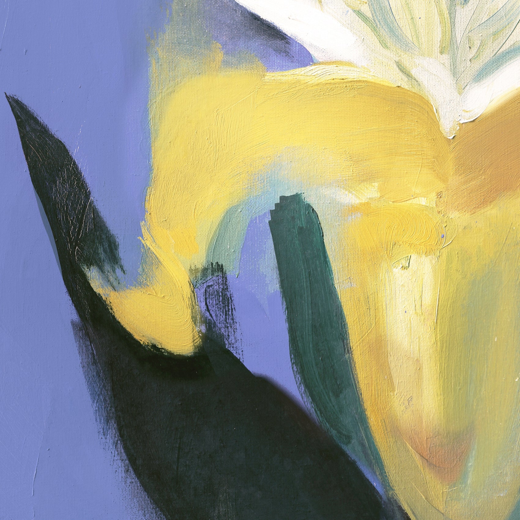 Abstract painting with yellow, black, and green on a blue background Iris – Botanical Canvas Wall Art | Premium Luxury Print | Brume Art