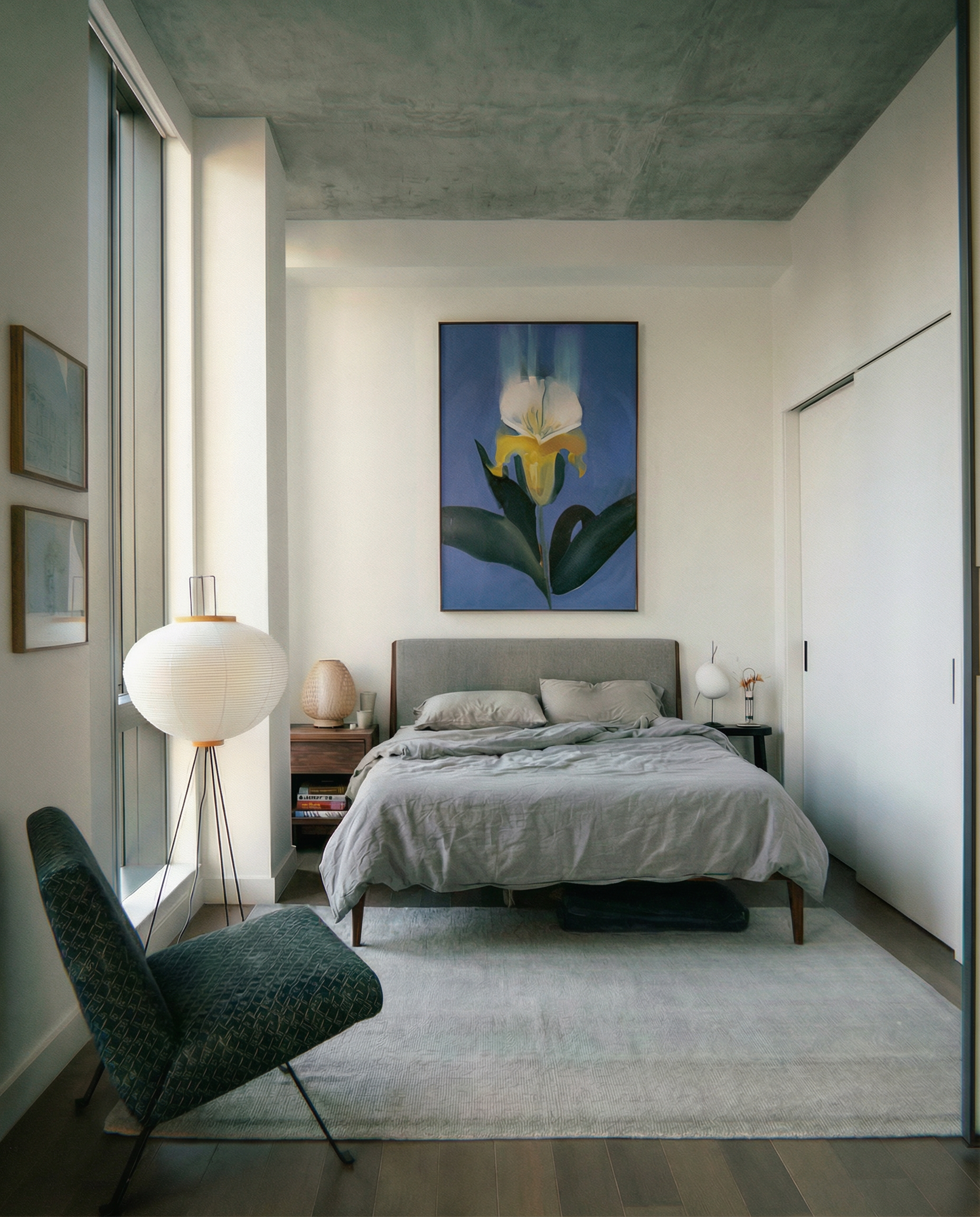 Modern bedroom with a bed, nightstands, and wall art. Iris – Botanical Canvas Wall Art | Premium Luxury Print | Brume Art